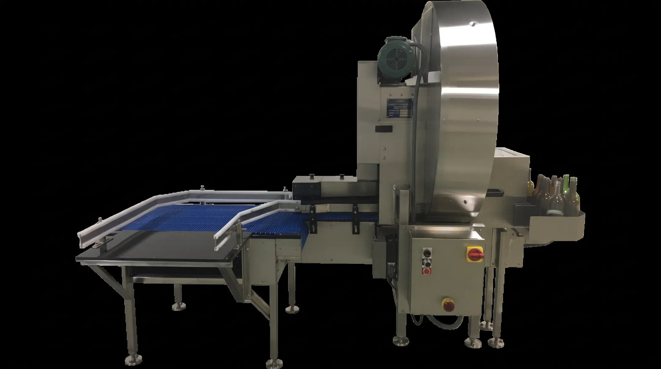 Custom four-belt unscrambler and single filer for pharmaceutical containers