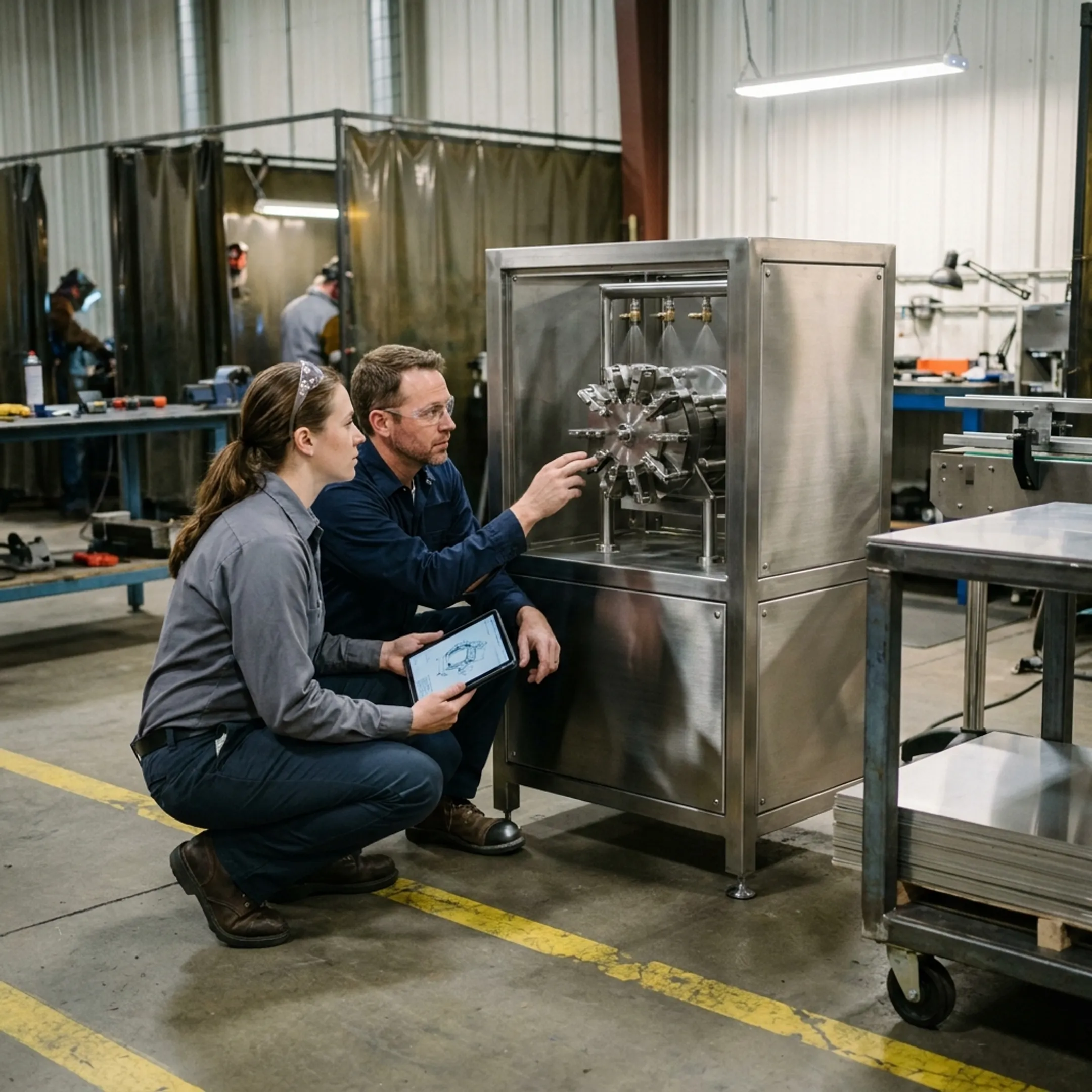Engineers reviewing custom packaging machinery in a manufacturing facility