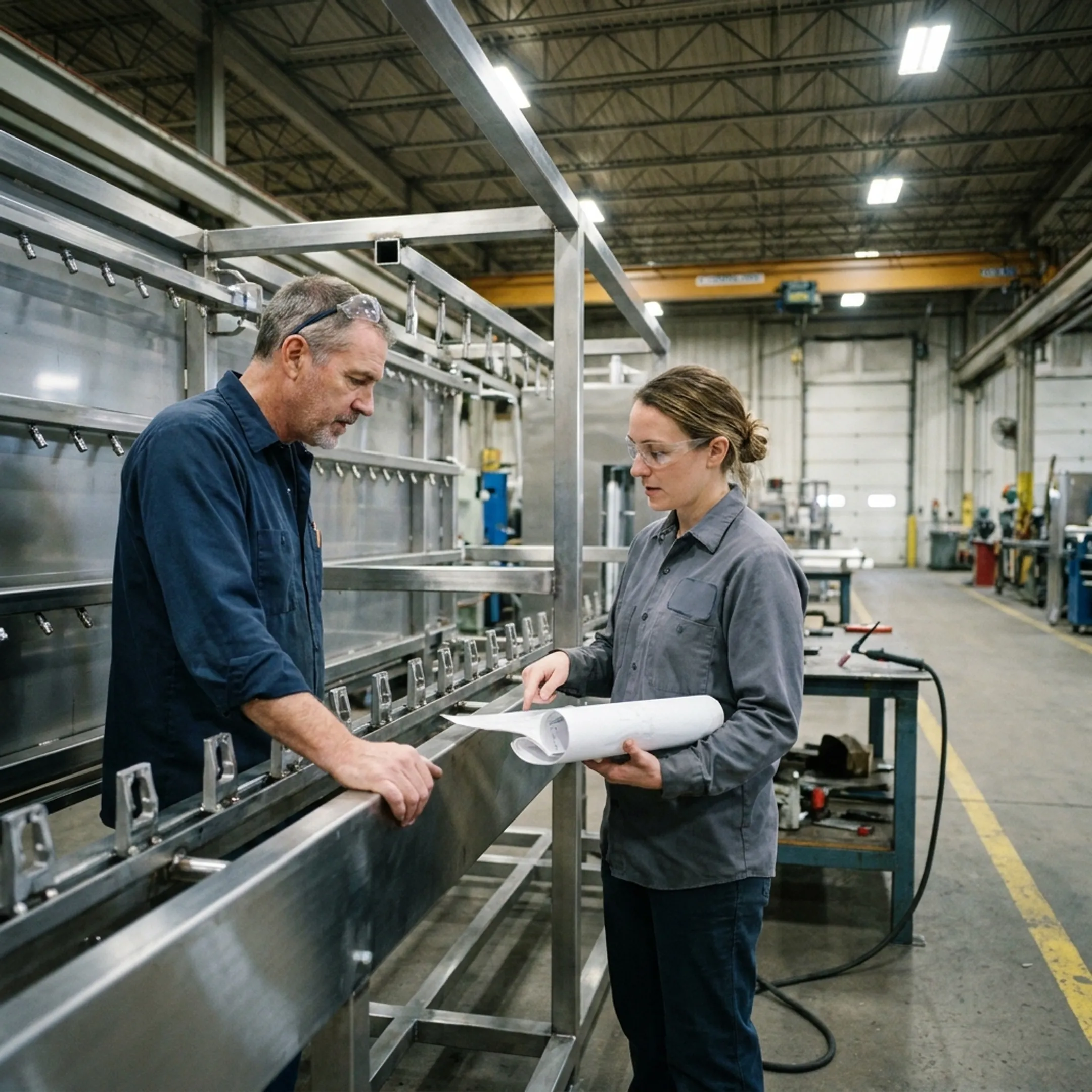Engineers reviewing custom container-cleaning equipment in a manufacturing facility