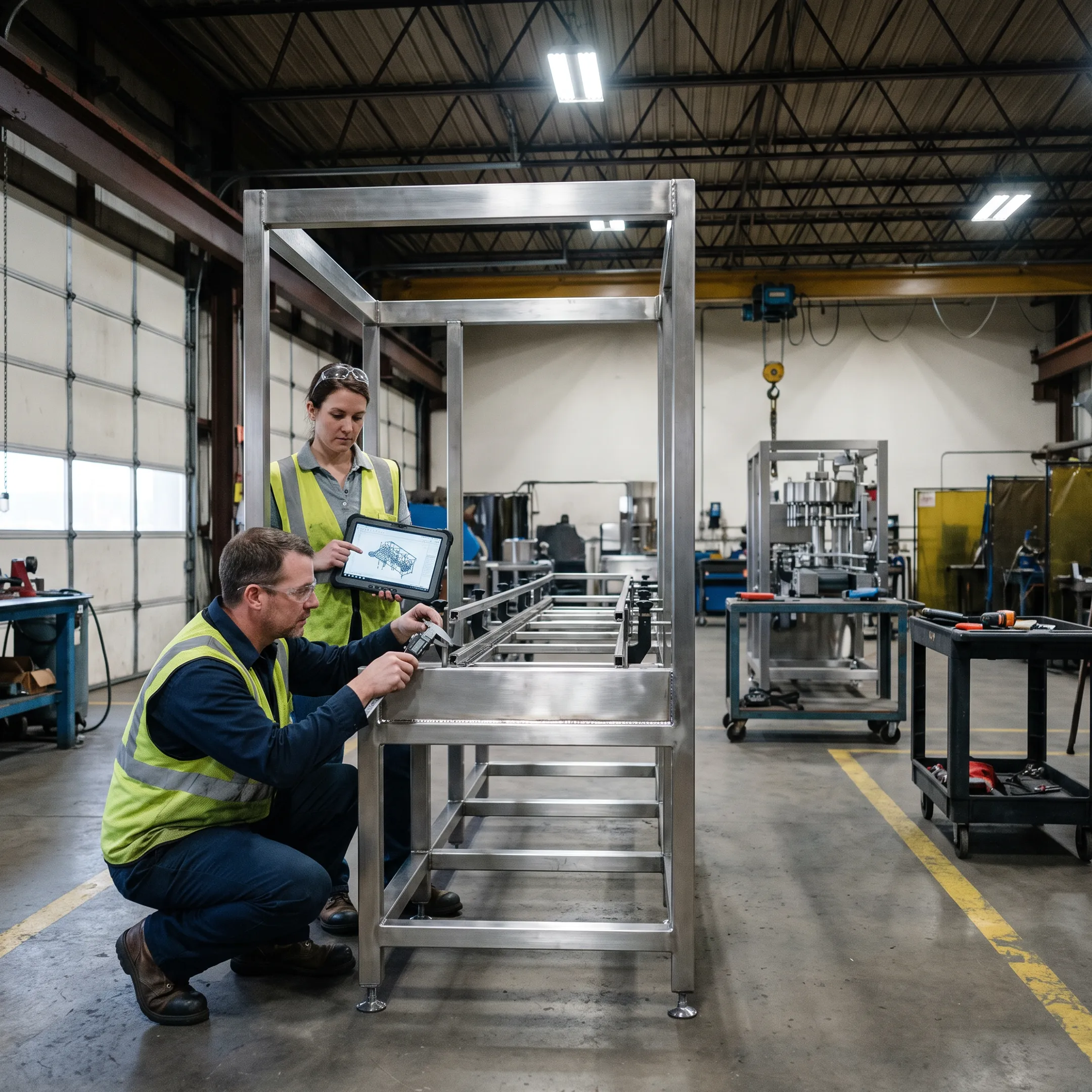 Engineers reviewing custom industrial machinery fabrication in a manufacturing facility