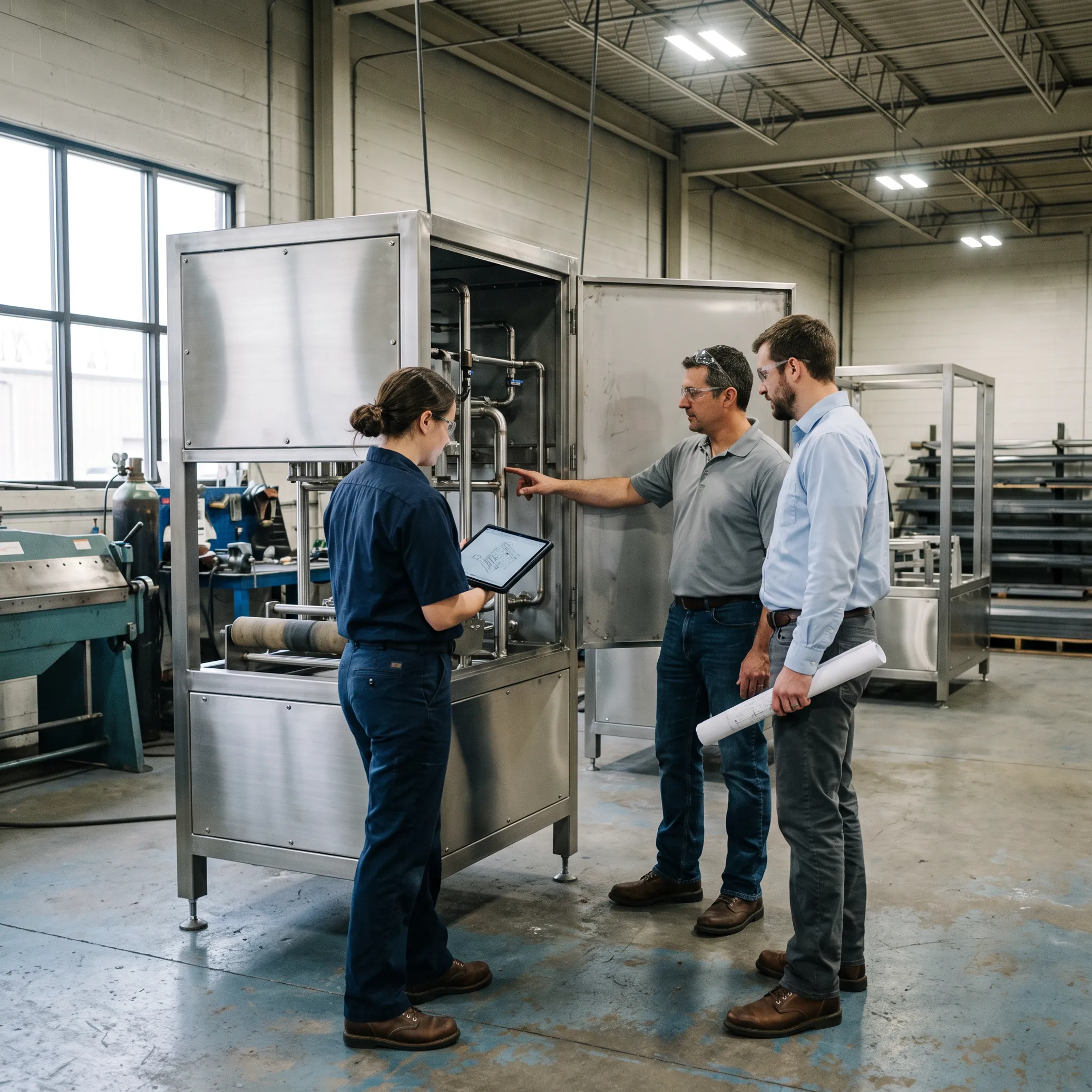 Engineers reviewing custom packaging and container-cleaning equipment in a manufacturing facility