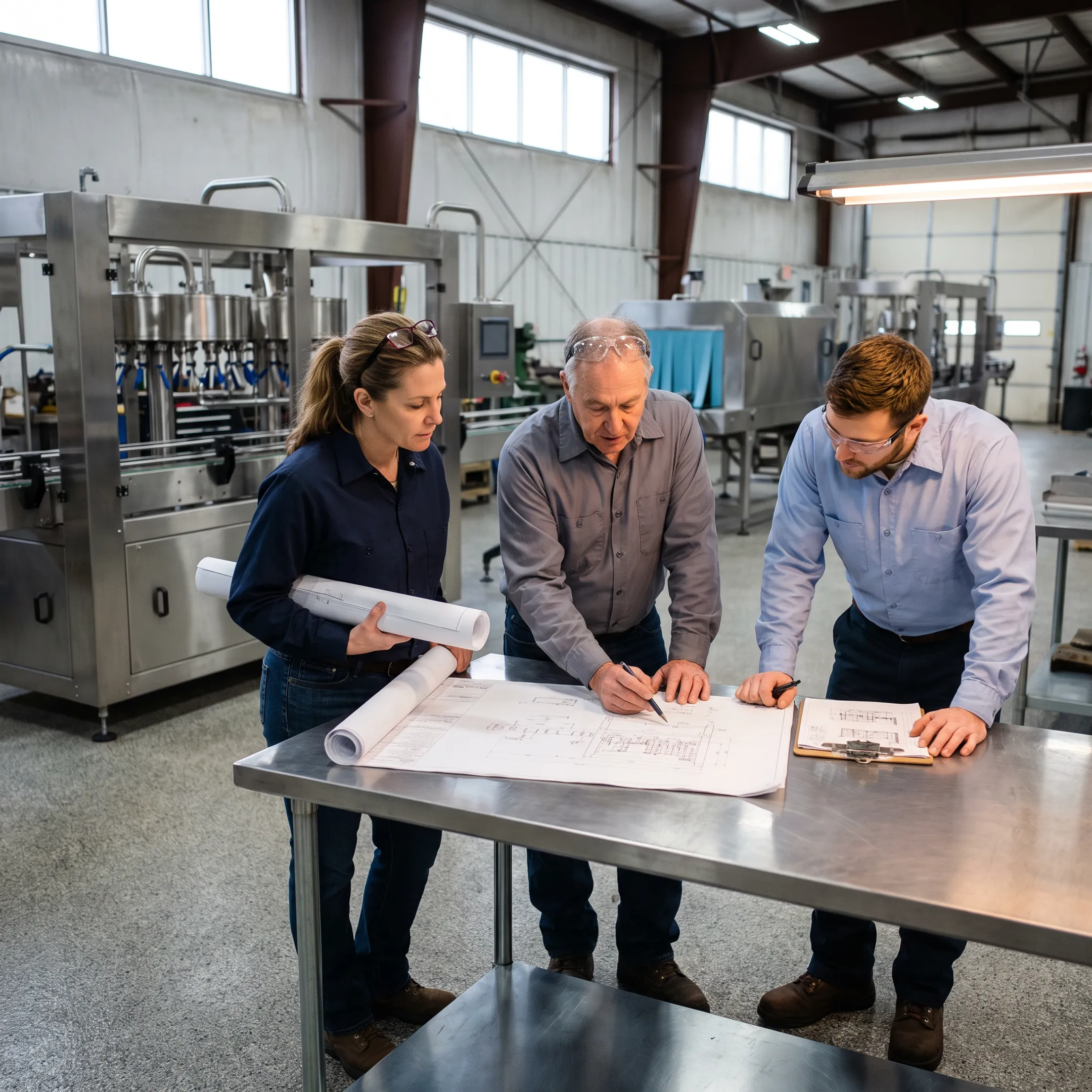 Engineers reviewing a custom packaging machine concept beside container-handling equipment