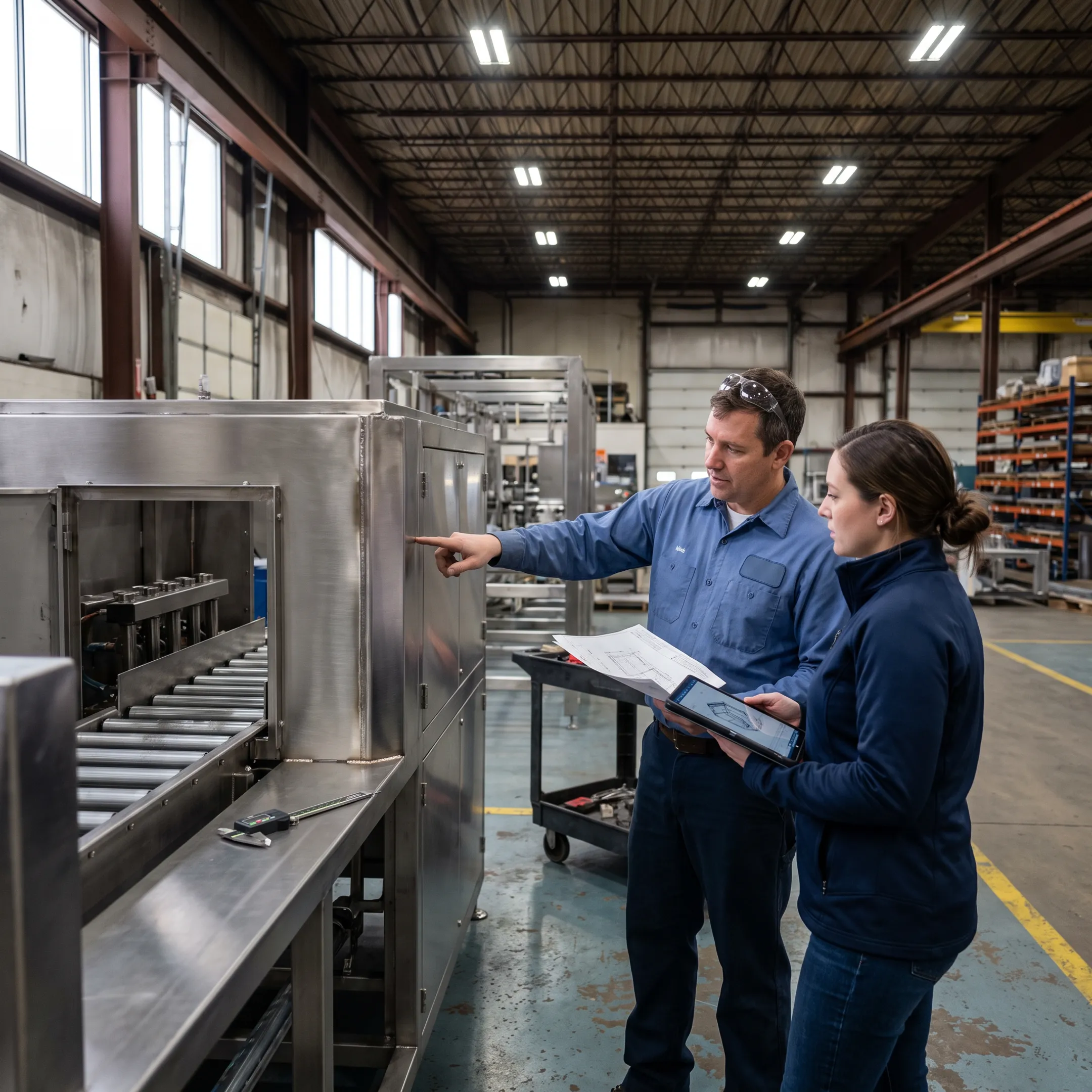 Engineers reviewing custom packaging equipment fabrication in a manufacturing facility