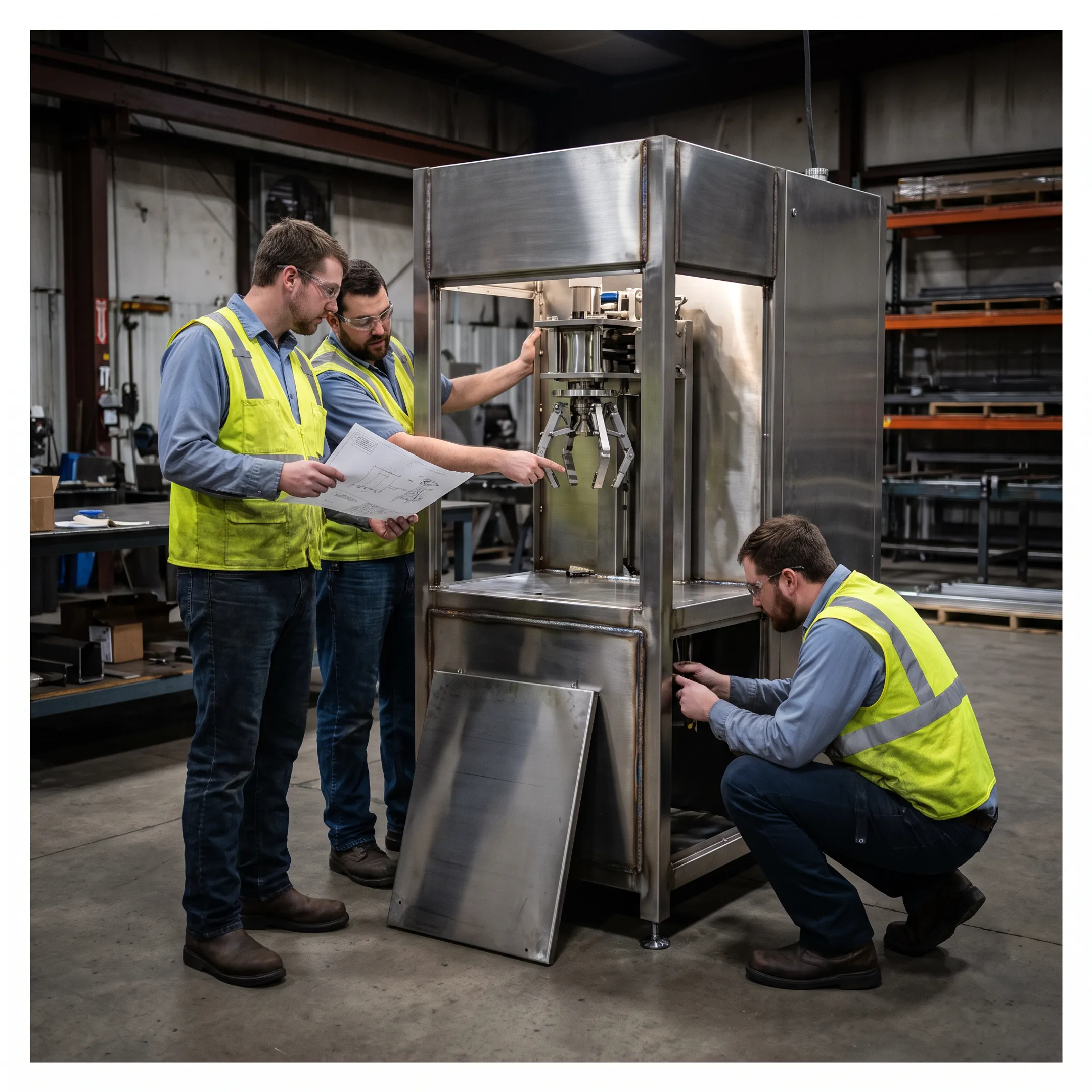 Engineers reviewing custom bottle-cleaning equipment design
