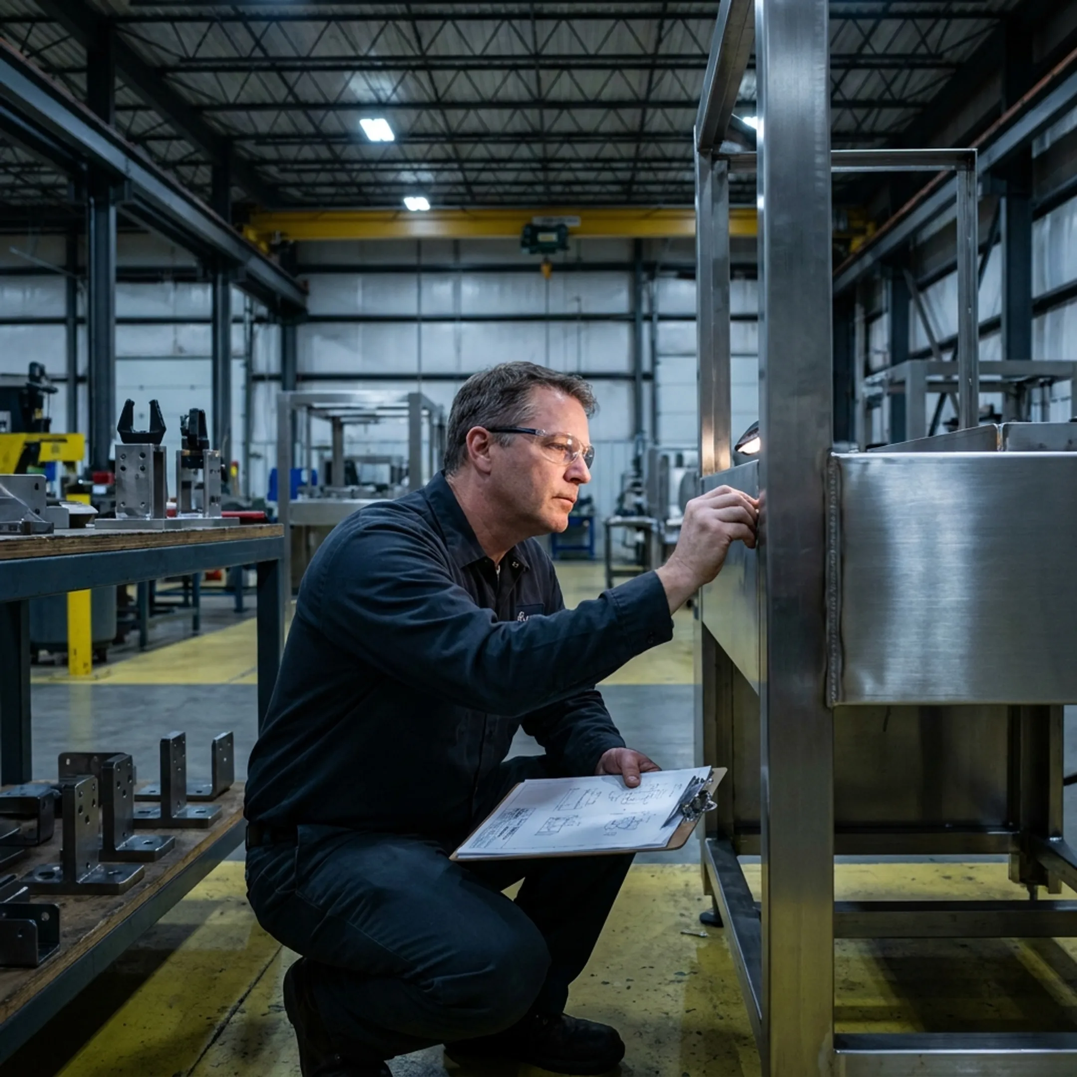 Custom packaging equipment prototype being inspected by an engineer