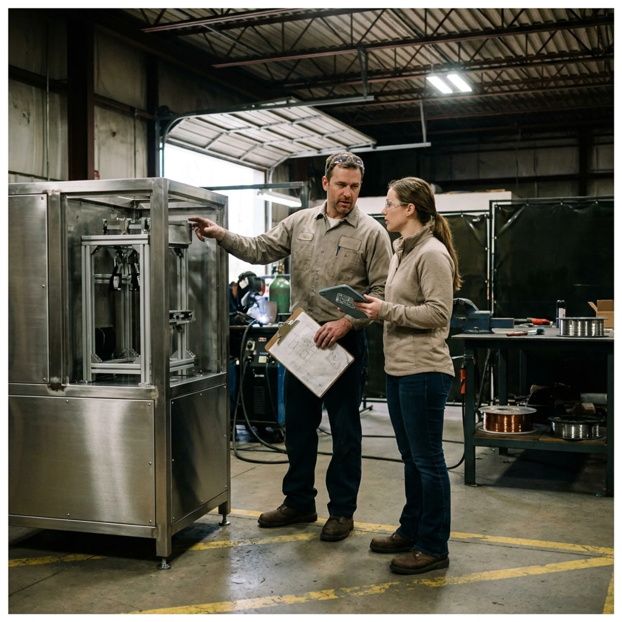 Engineers reviewing custom packaging equipment fabrication in a manufacturing facility