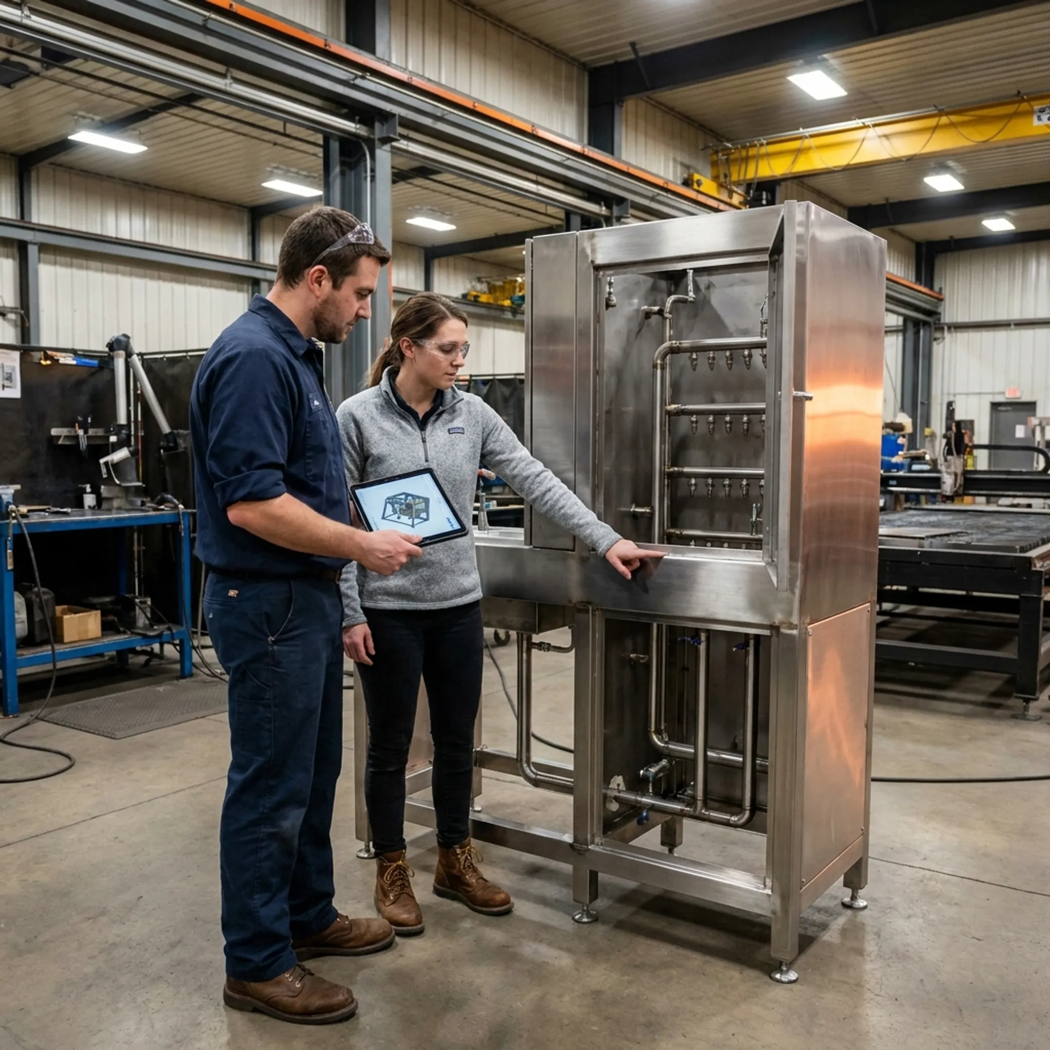 Engineers reviewing custom packaging and container-cleaning machinery in a manufacturing facility