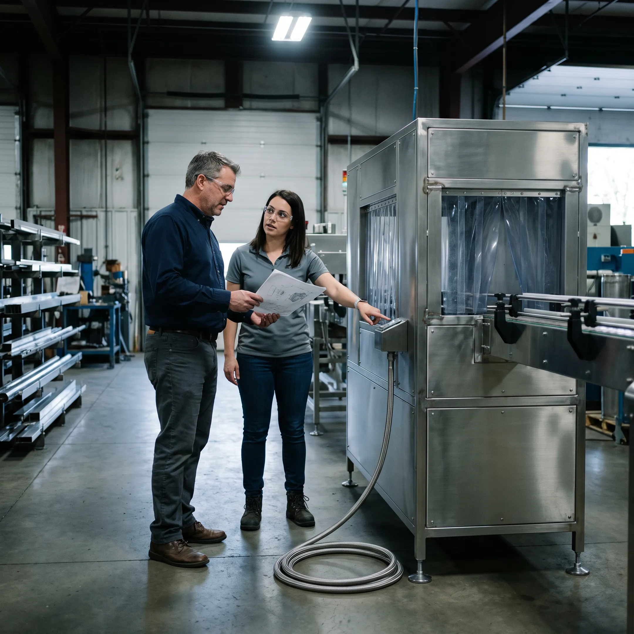 Engineers reviewing an integrated bottle cleaning and handling system