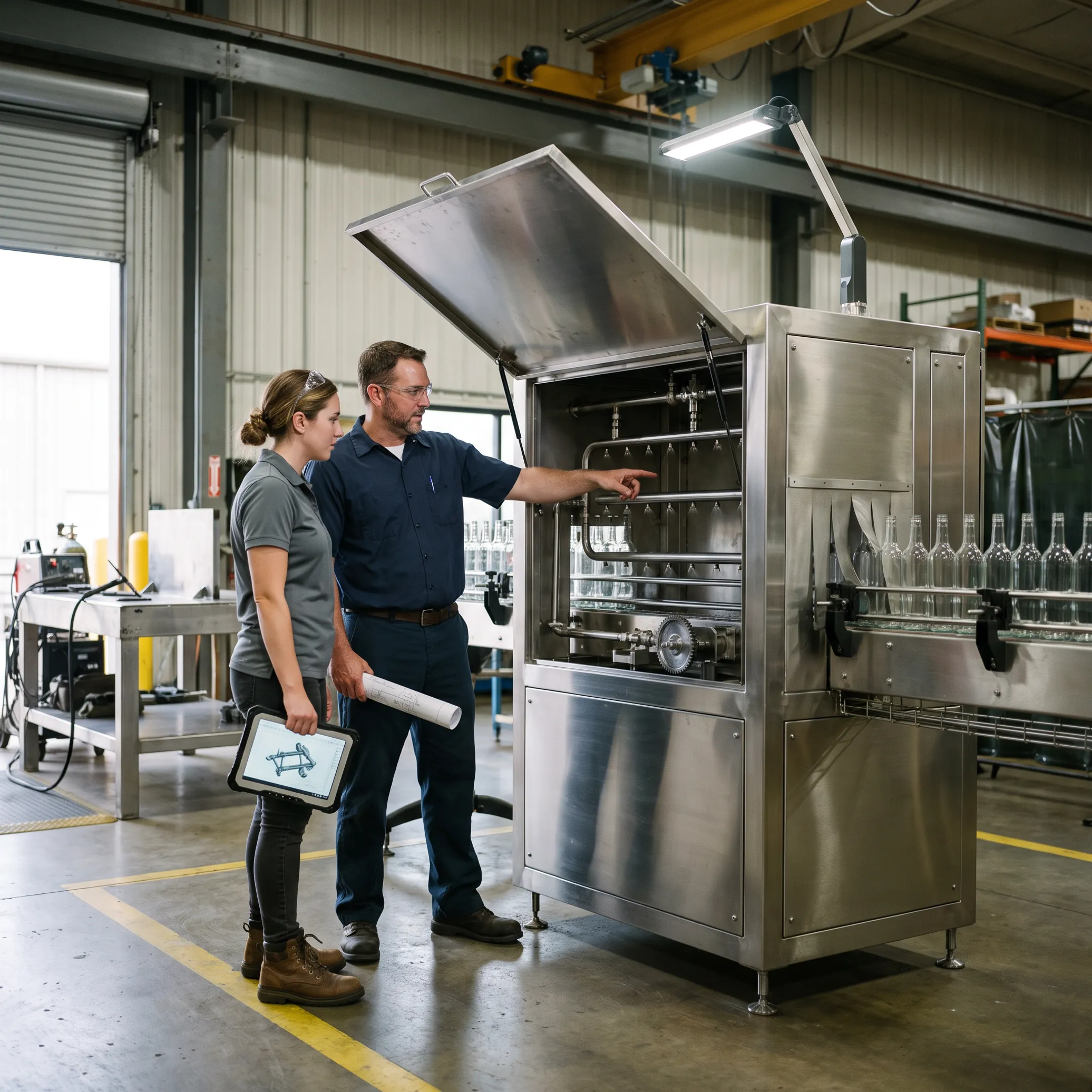 Engineer reviewing custom bottle cleaning machinery for a bottling application