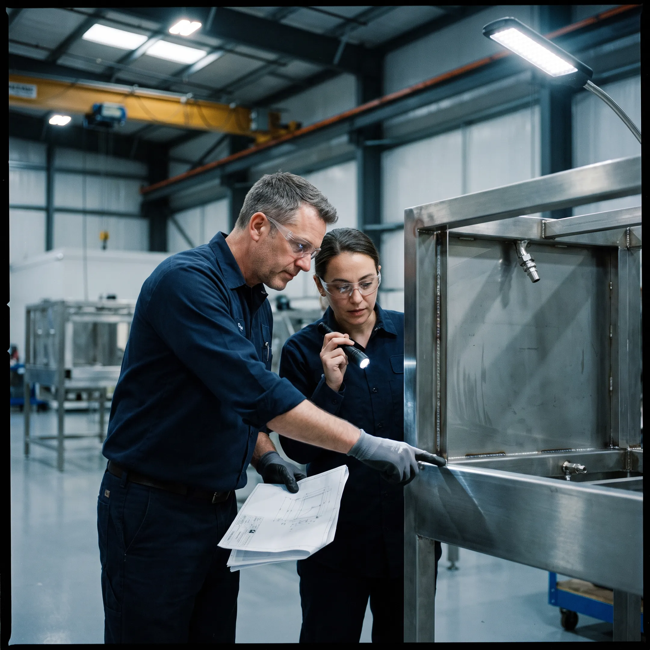 Engineers reviewing custom packaging and container-cleaning machinery in a manufacturing facility
