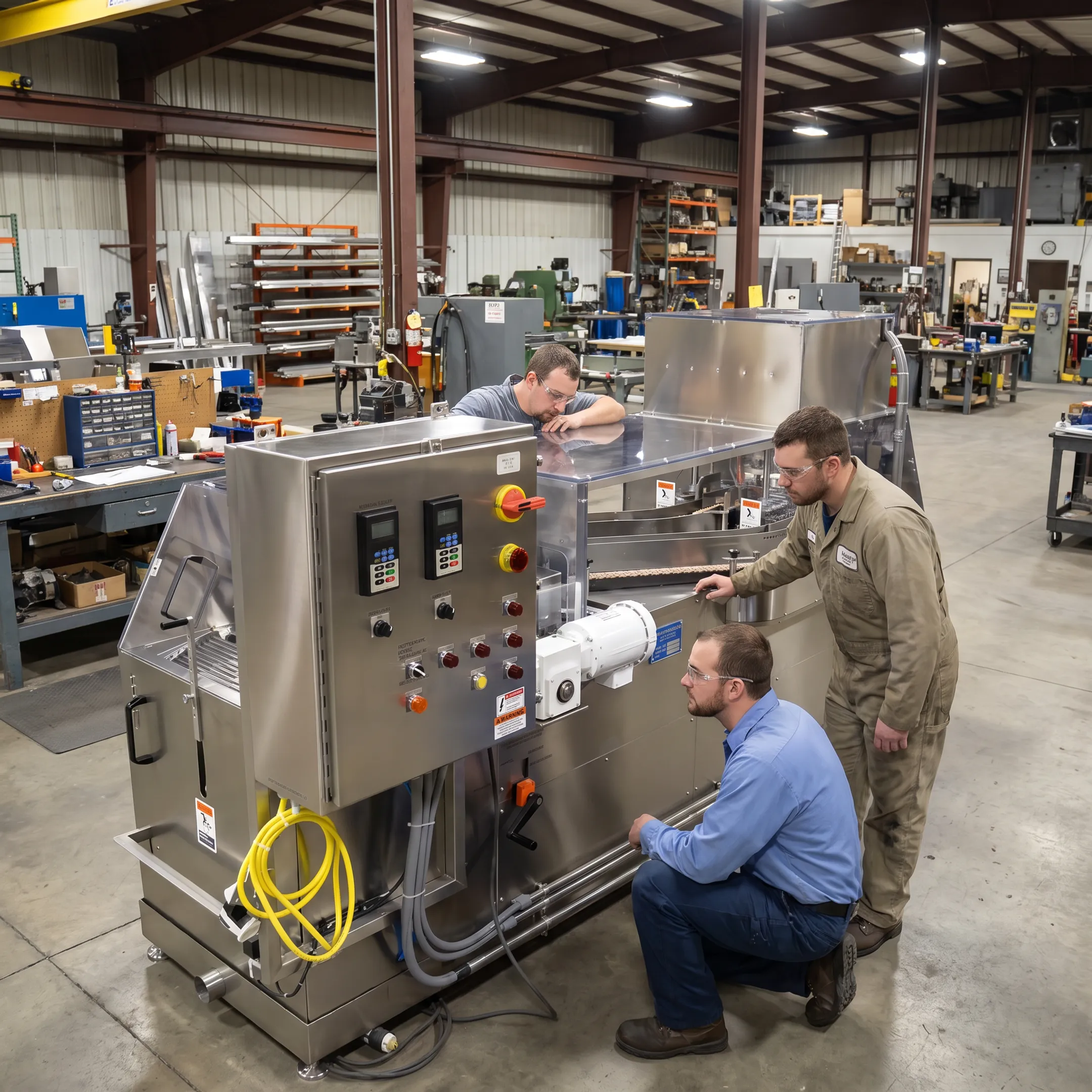 Engineers reviewing a custom assembly machine under fabrication in a manufacturing facility