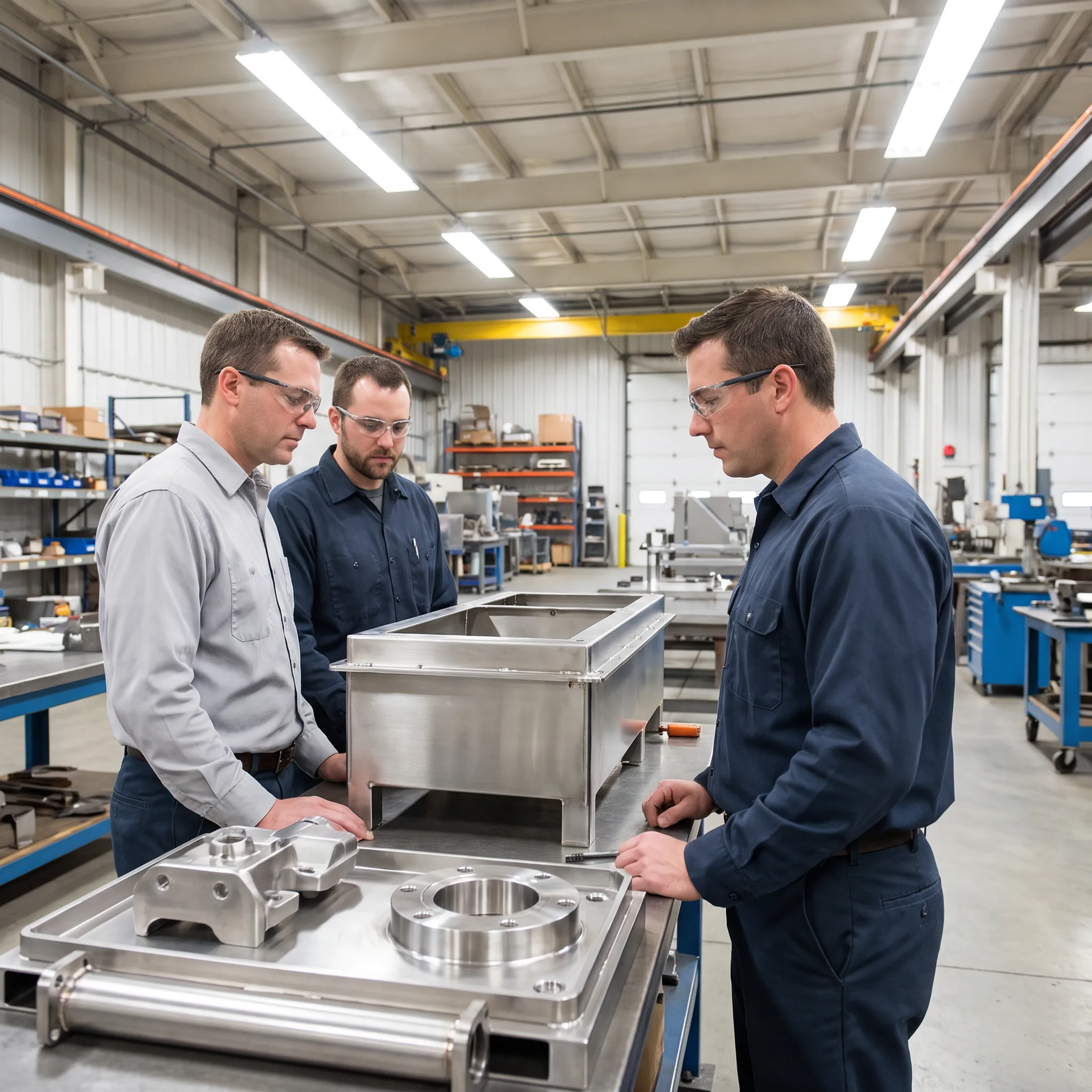 Engineers reviewing custom industrial equipment during fabrication
