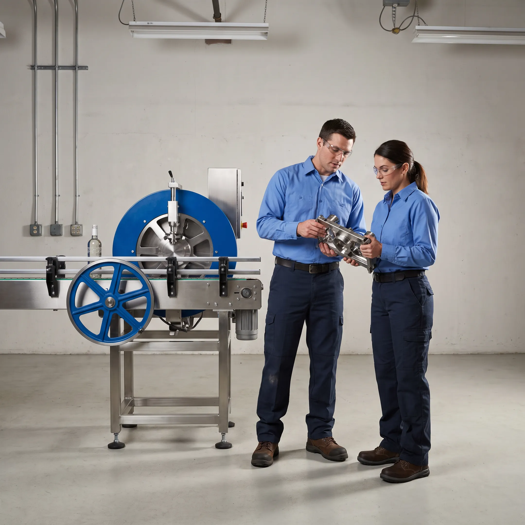 Custom-built packaging and bottle-cleaning equipment being fabricated by engineers