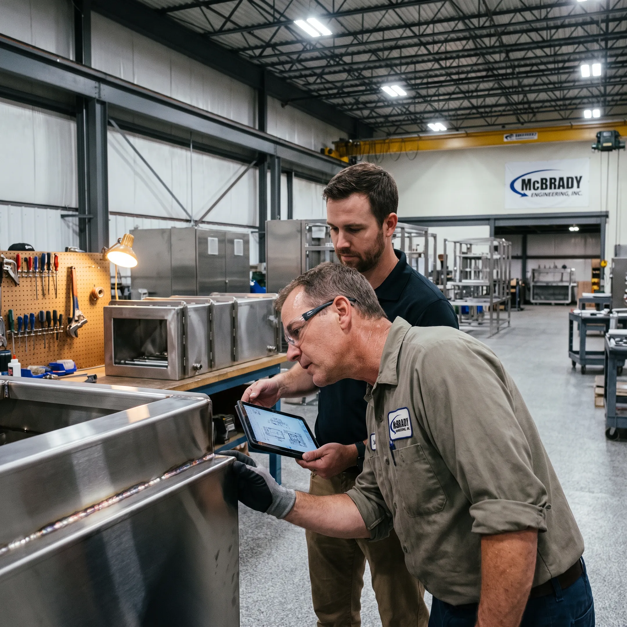 Engineers reviewing custom fabricated industrial equipment in a manufacturing facility