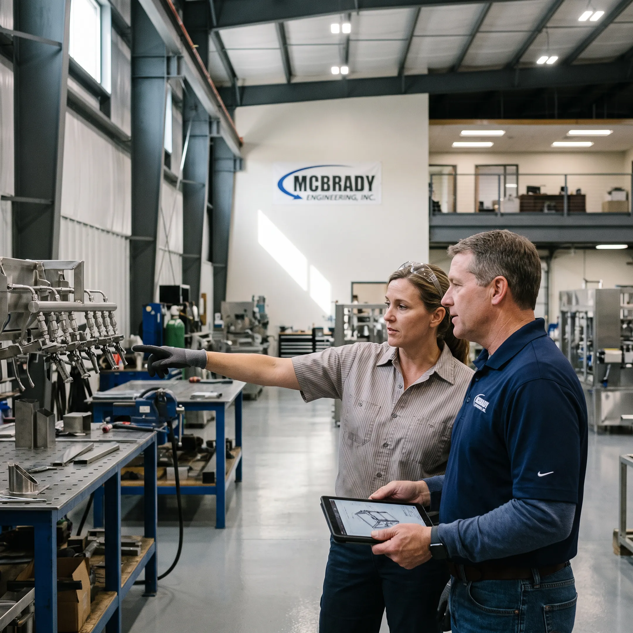 Engineers reviewing custom packaging and container-cleaning equipment in a manufacturing facility