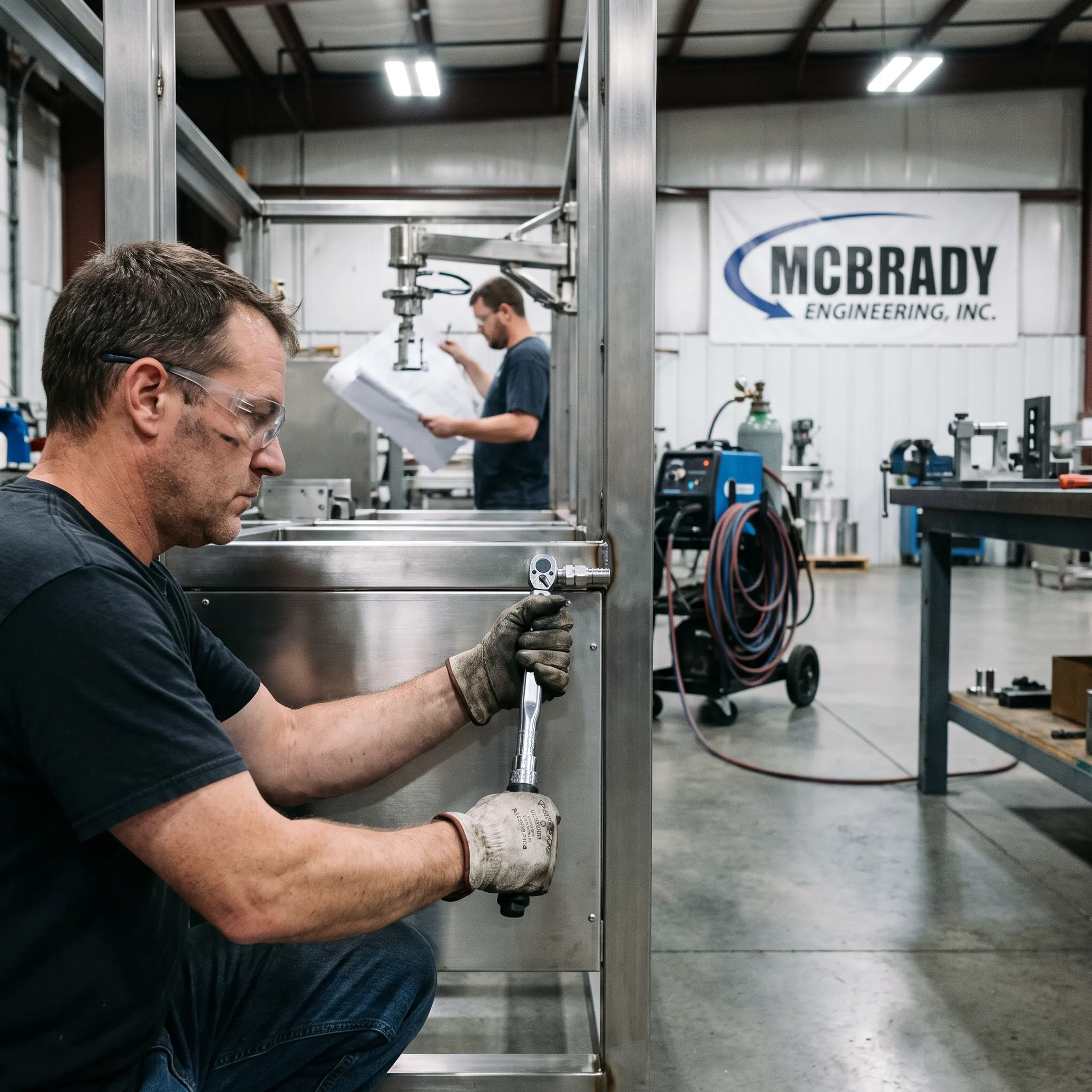 Custom industrial equipment being assembled by fabrication engineers