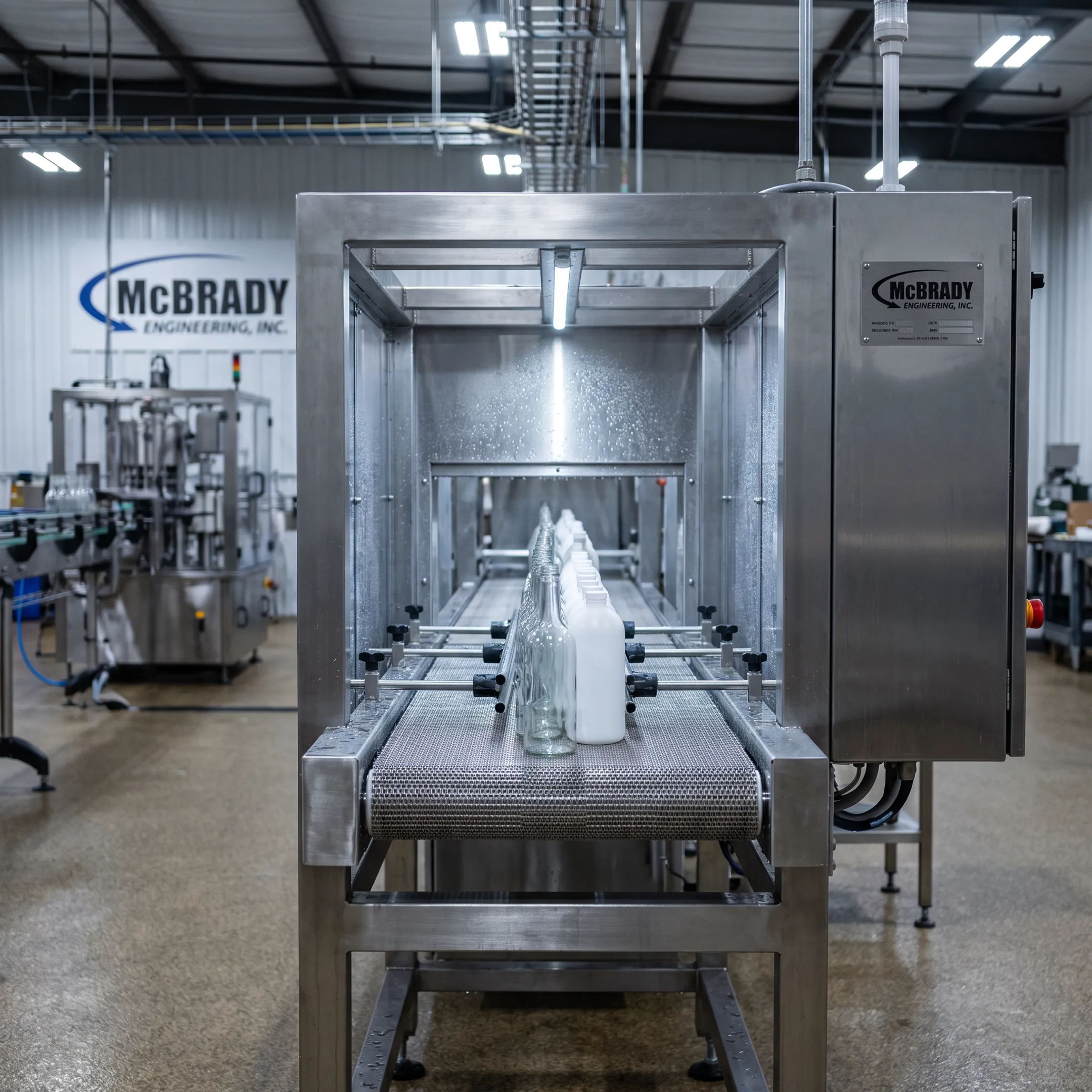 Custom conveyor equipment supporting packaging and container handling operations