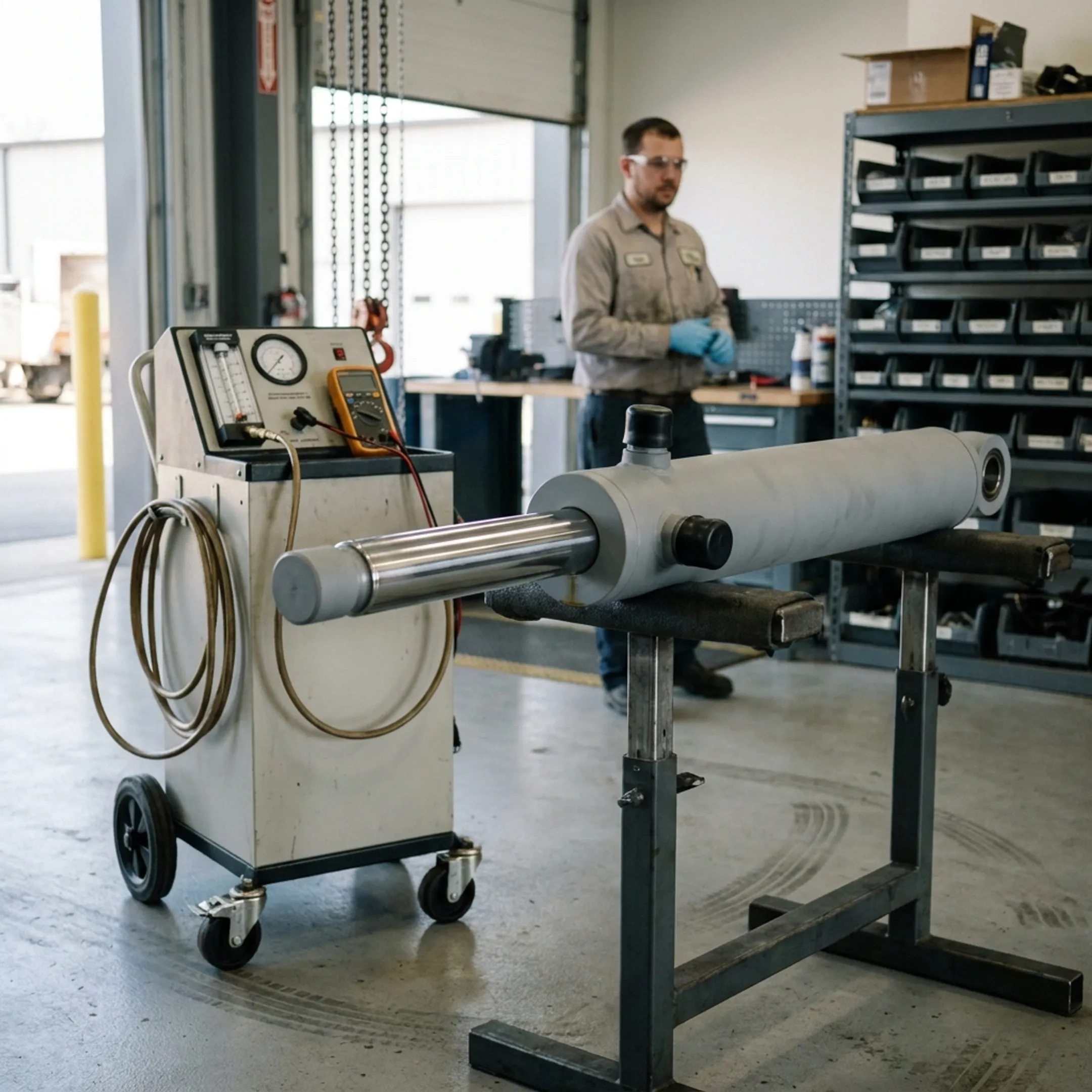 Rebuilt hydraulic cylinder prepared for installation on construction equipment