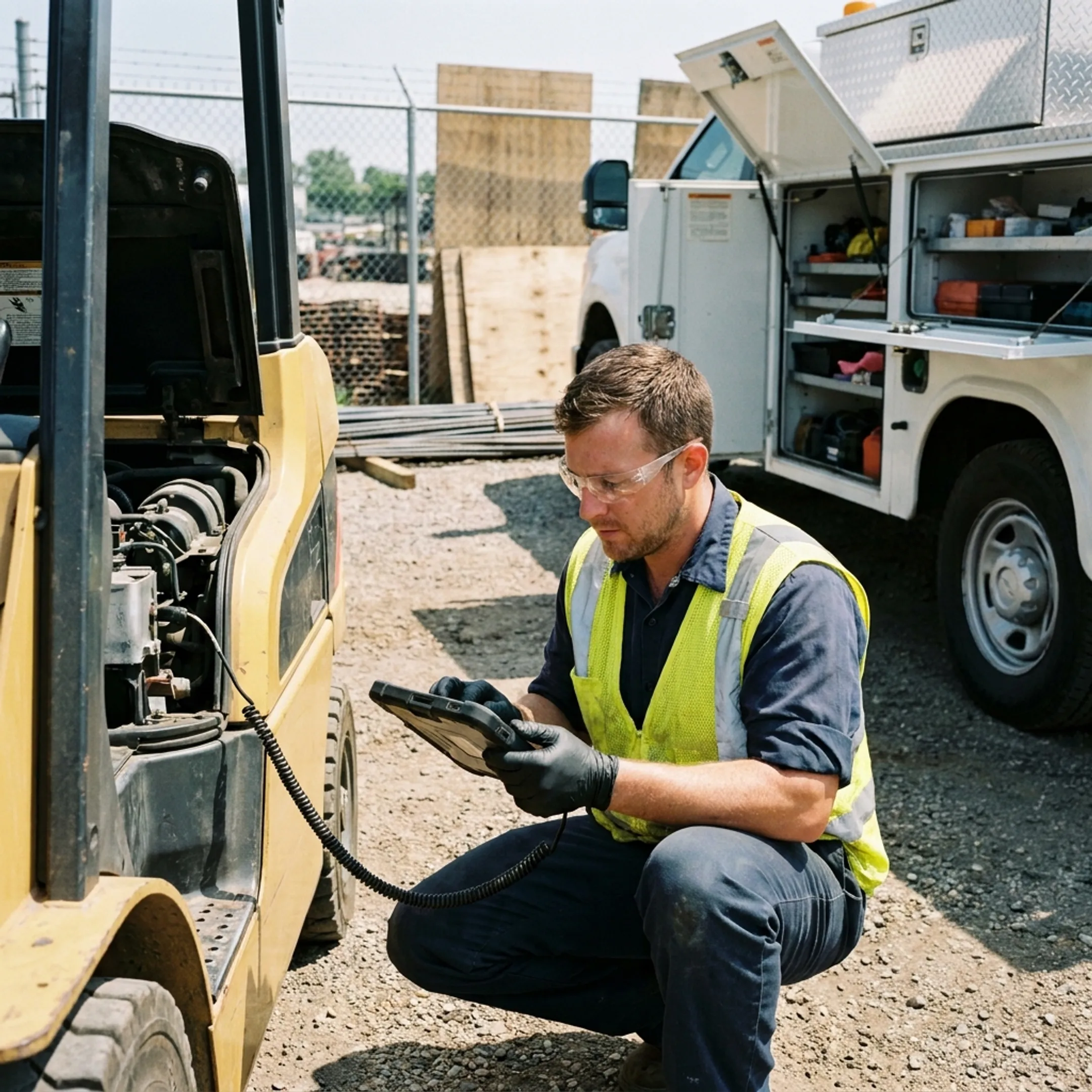 Mobile technician diagnosing forklift equipment