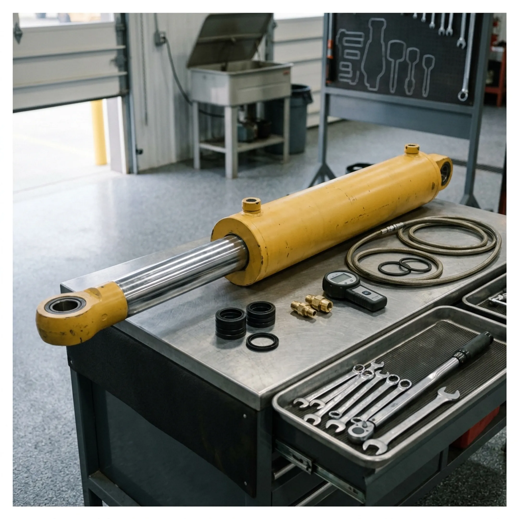 Hydraulic cylinder components being examined during equipment repair