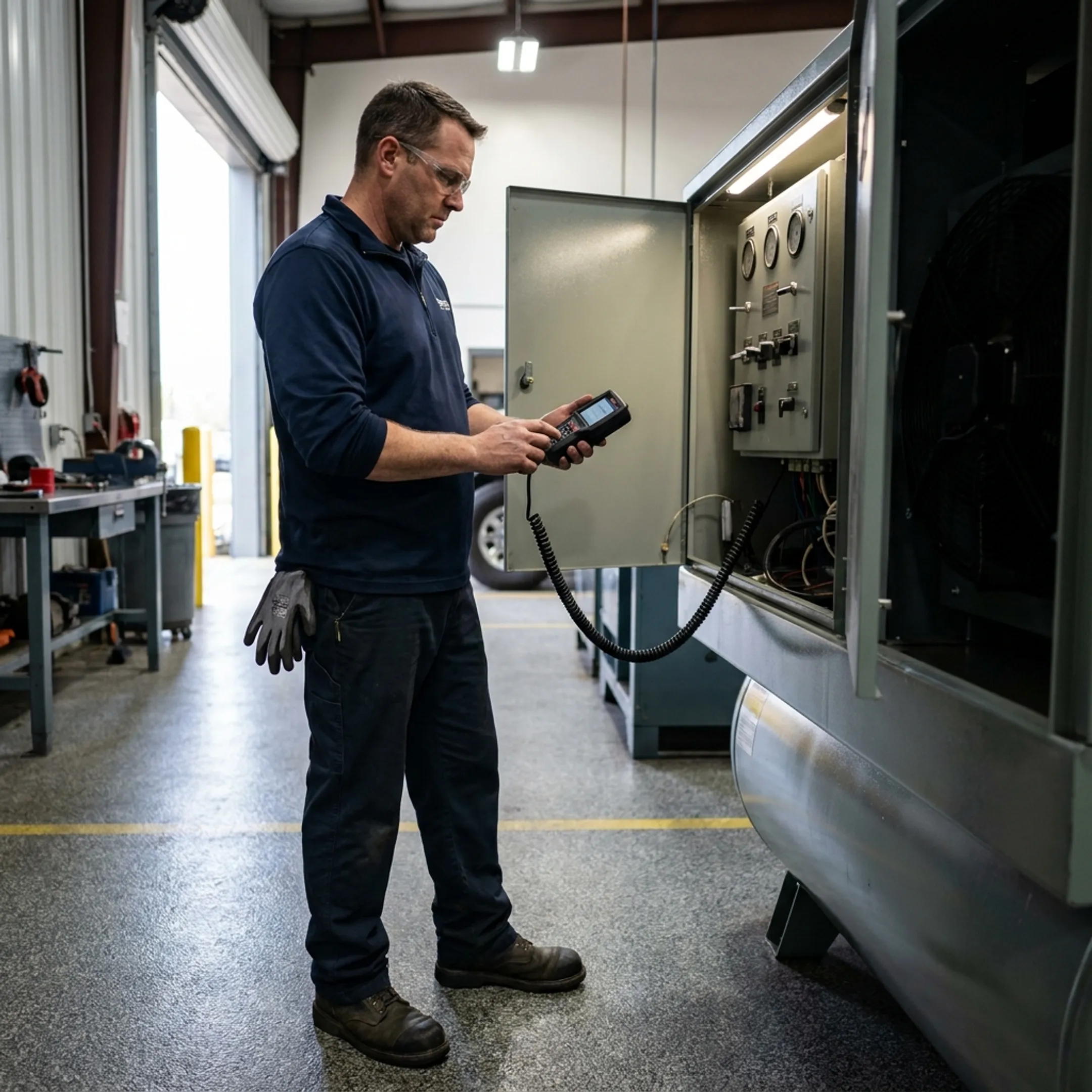 Technician diagnosing an air compressor control panel