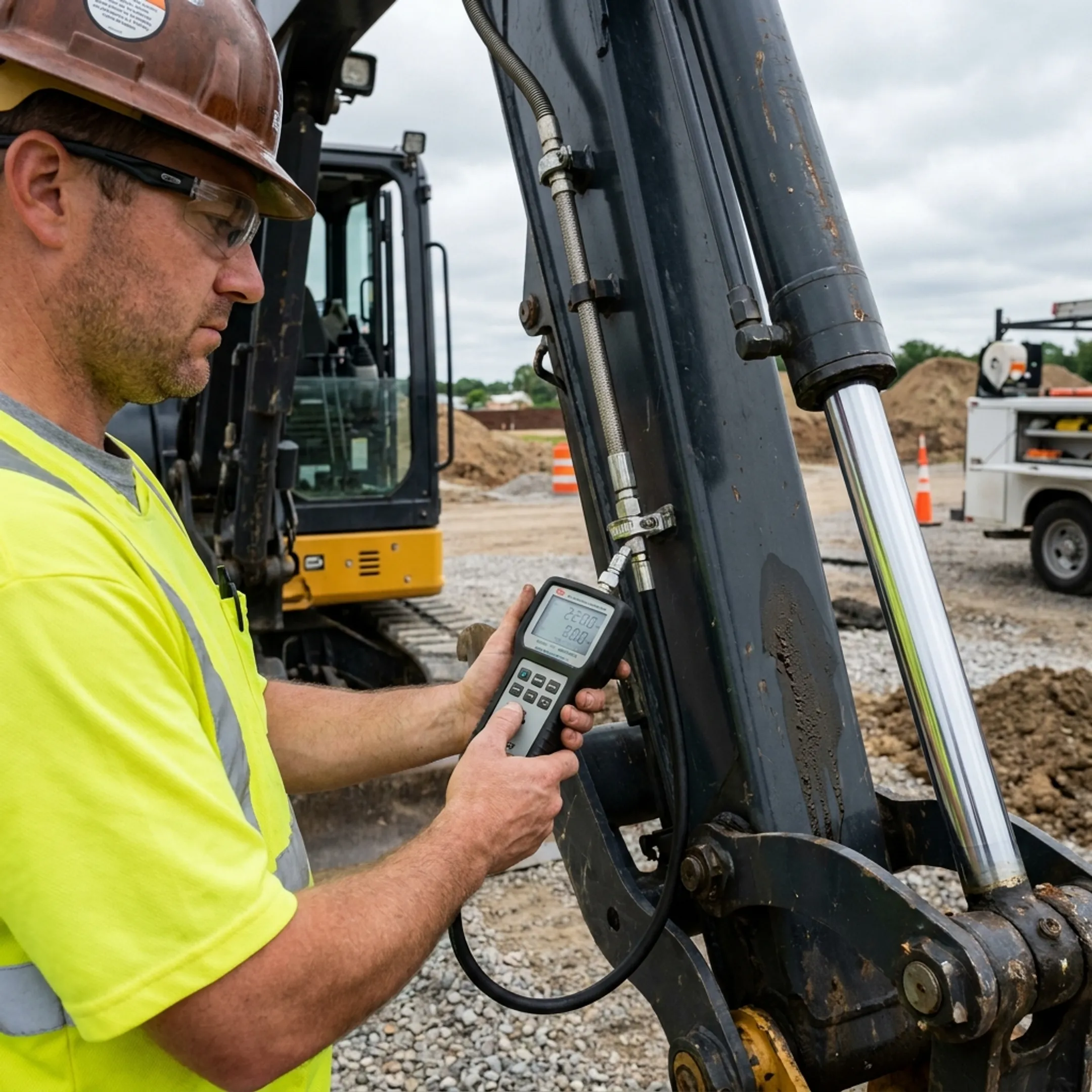 Technician diagnosing hydraulic equipment at a job site