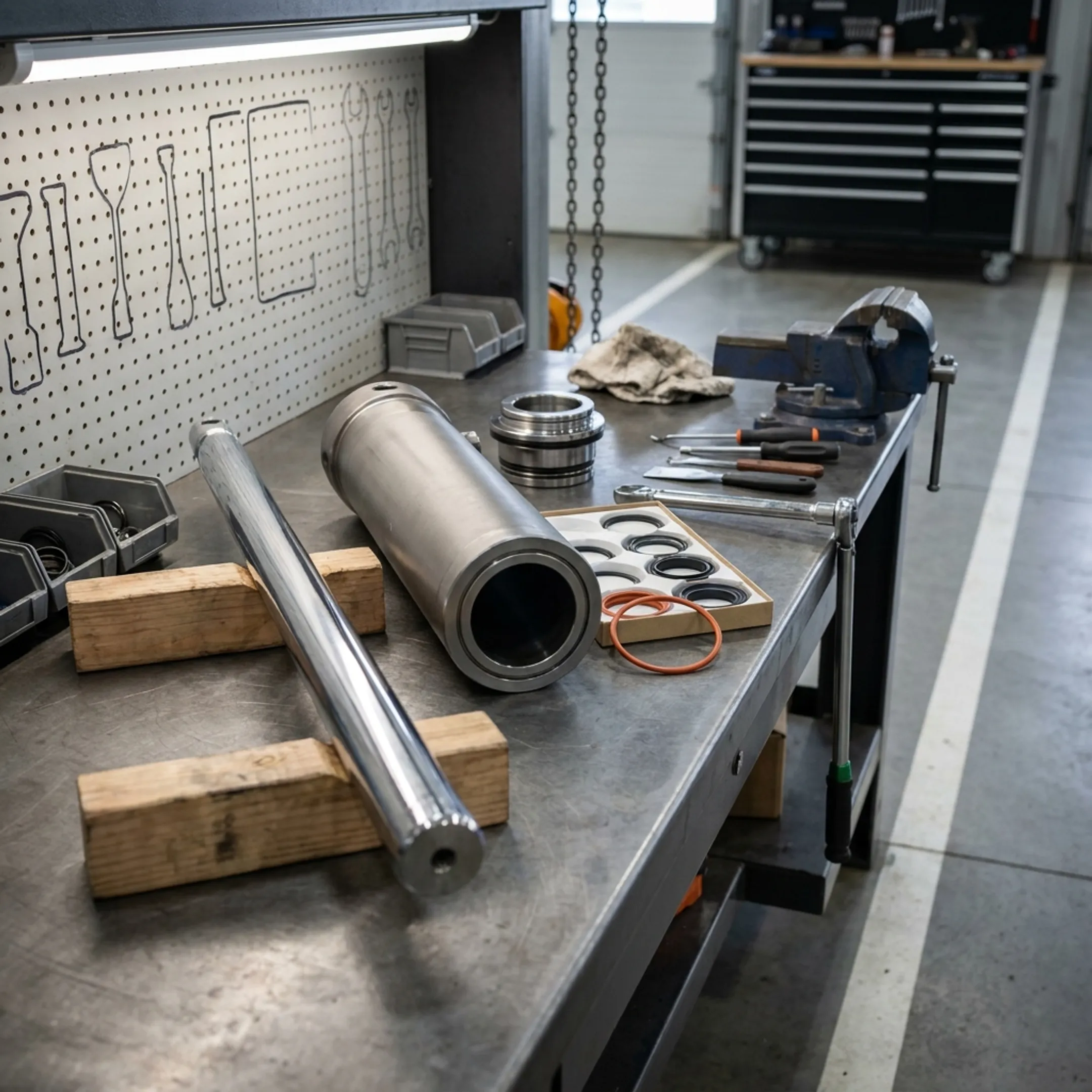 Hydraulic cylinder components arranged for professional repair and inspection