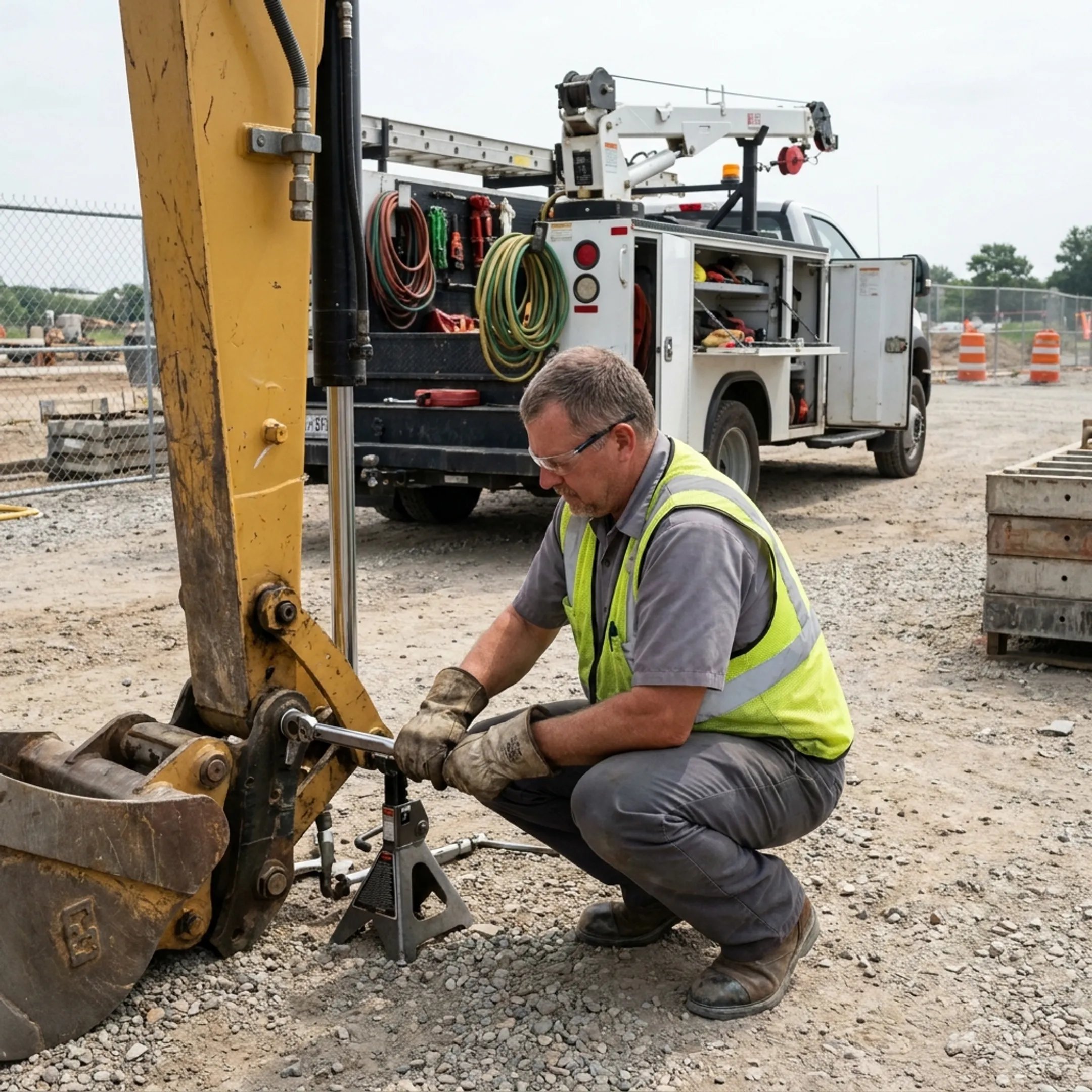 Technician repairing a hydraulic cylinder on an excavator