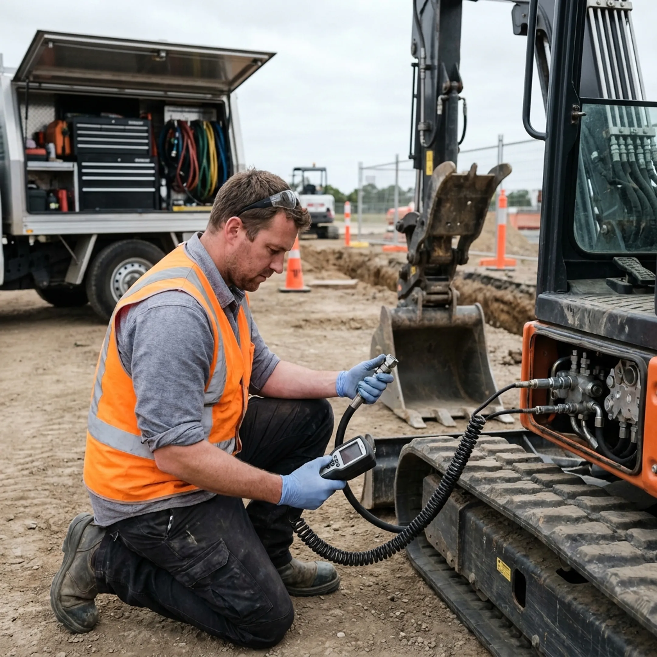 Technician servicing a mini excavator hydraulic system
