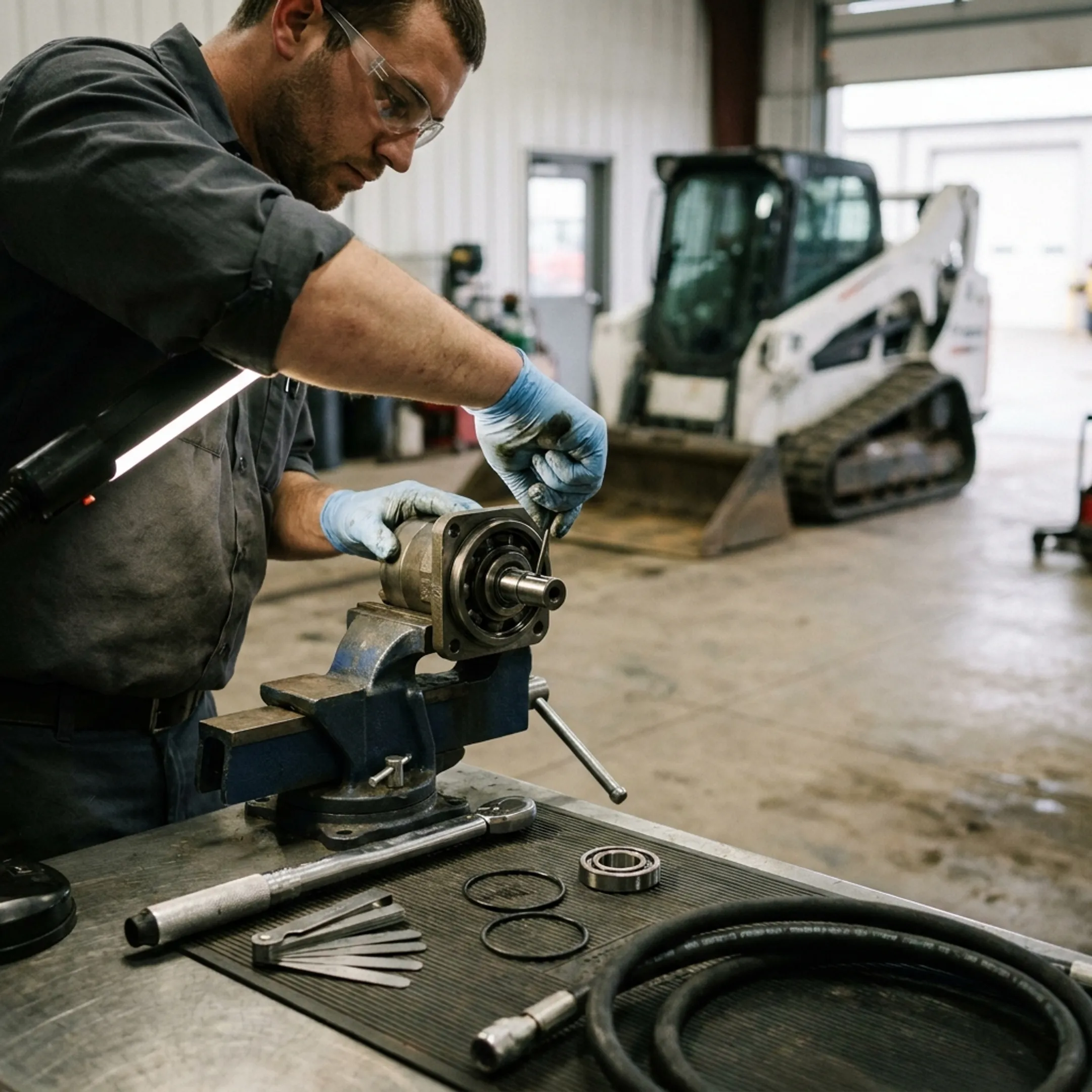 Technician rebuilding a hydraulic motor for construction equipment
