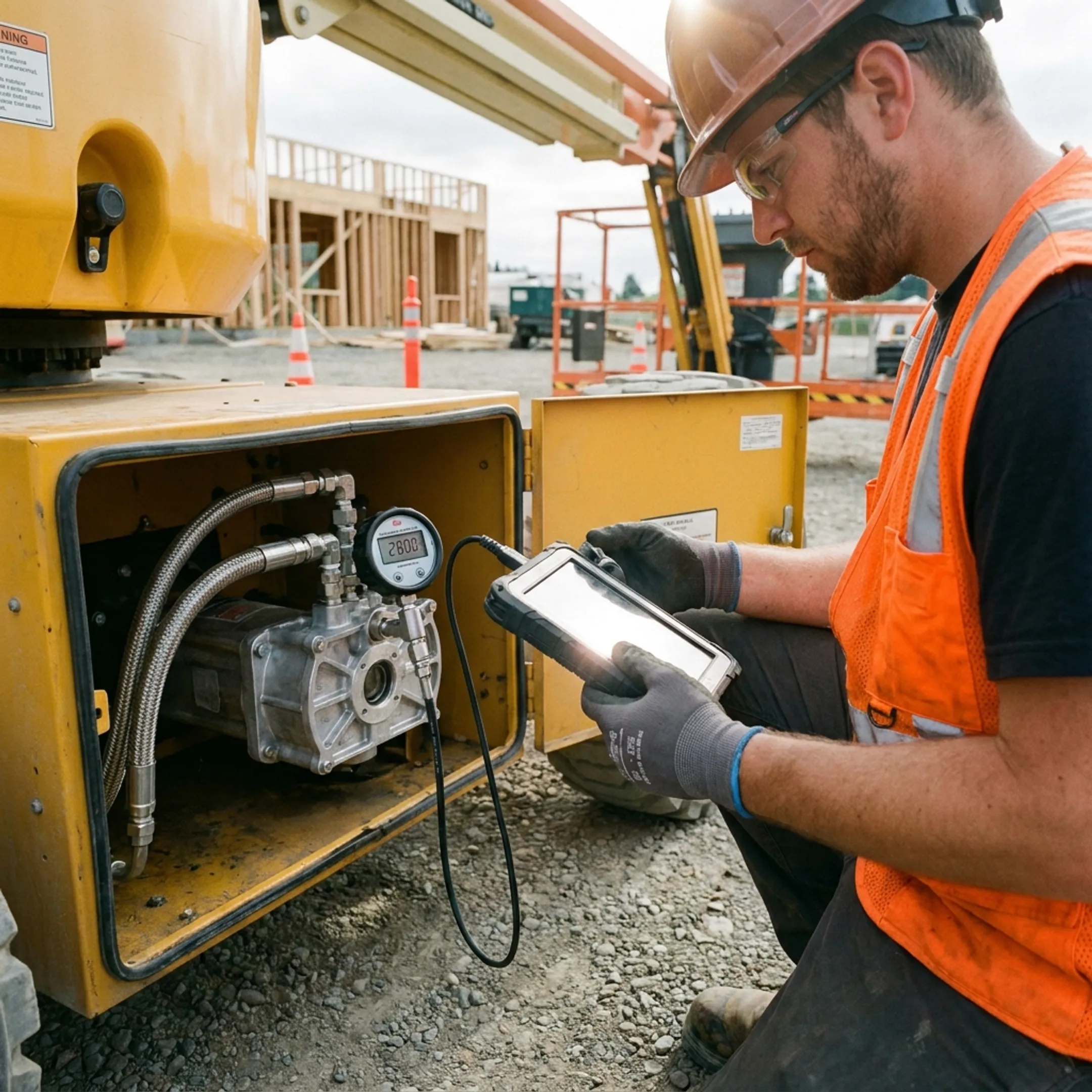 McCann technician diagnosing aerial lift hydraulics