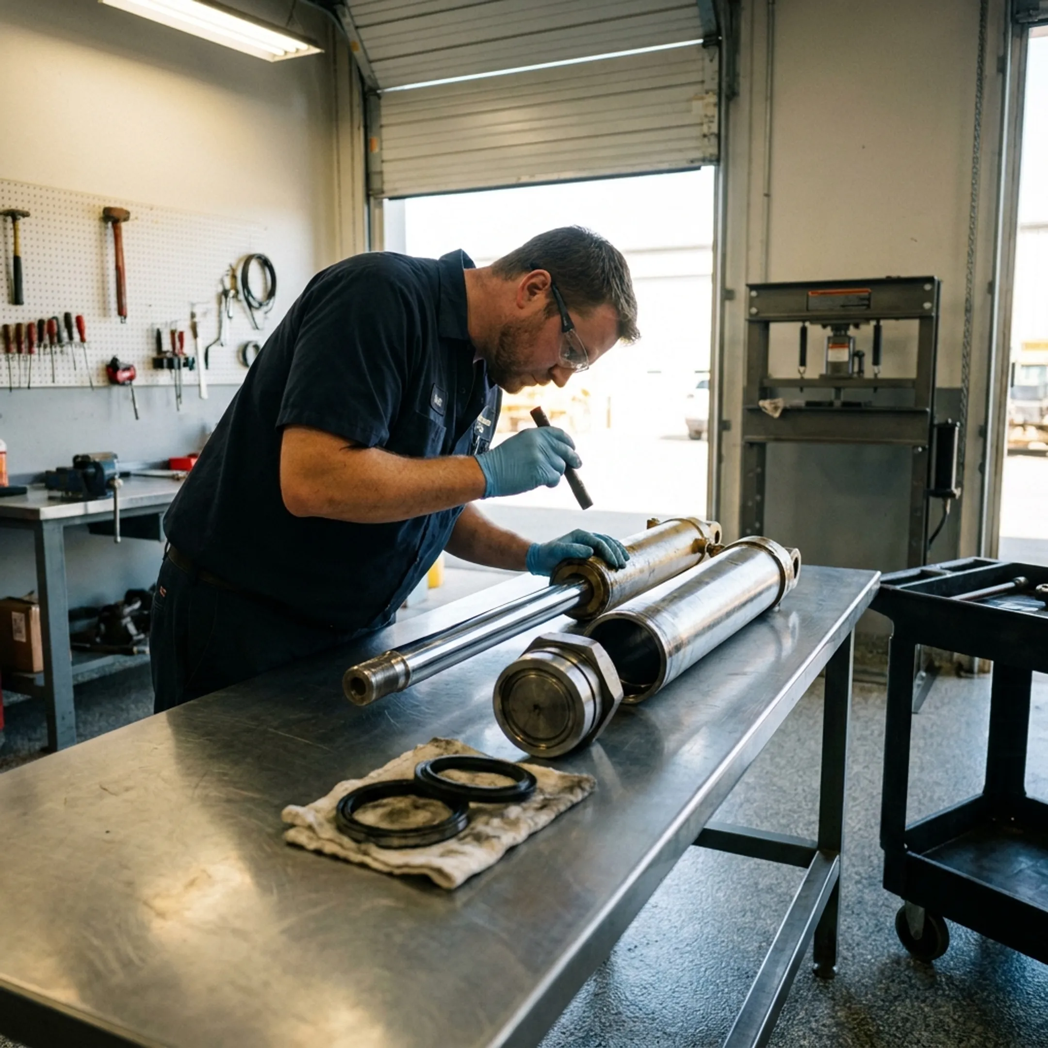 Hydraulic cylinder being inspected during a component rebuild