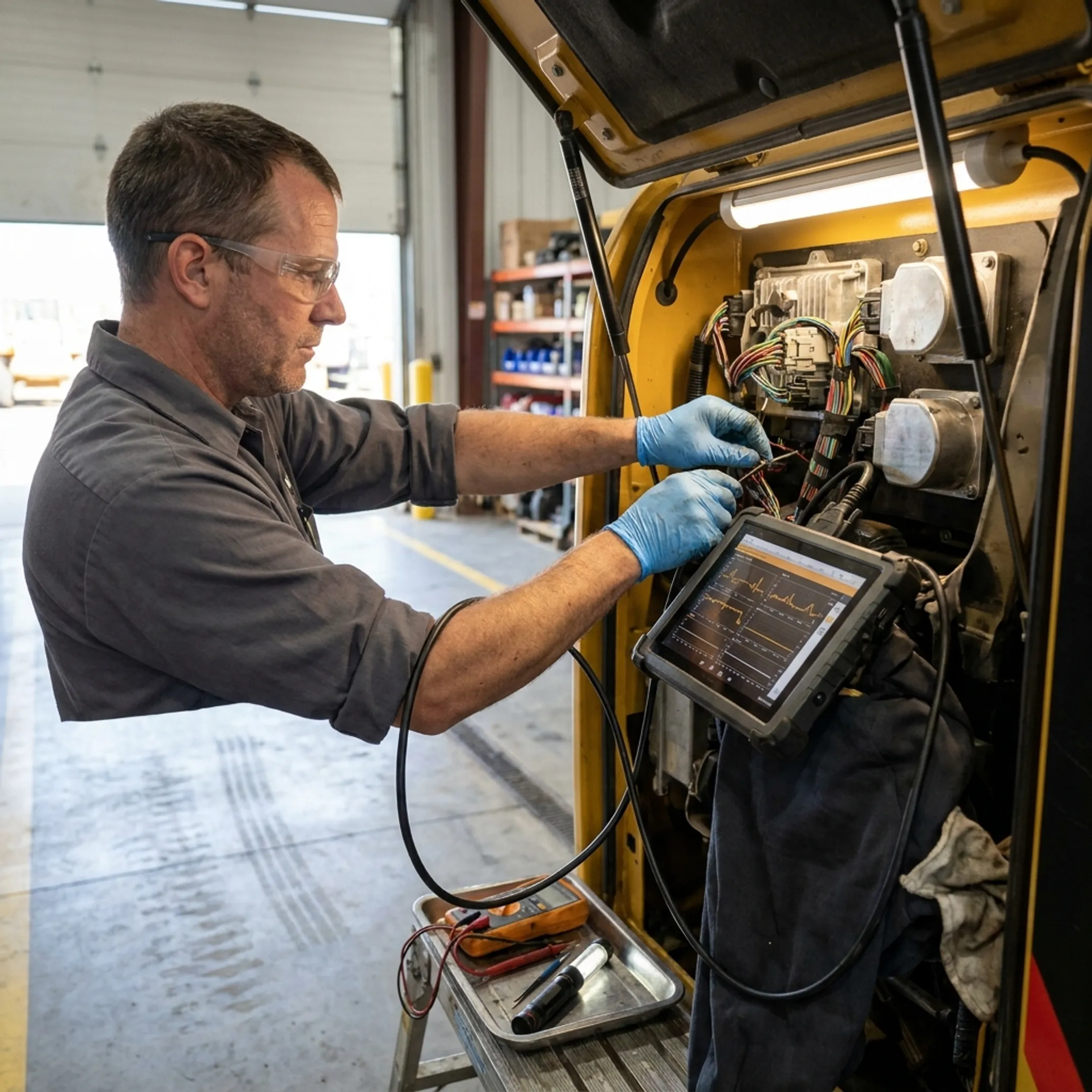 Technician inspecting heavy equipment electronic controls