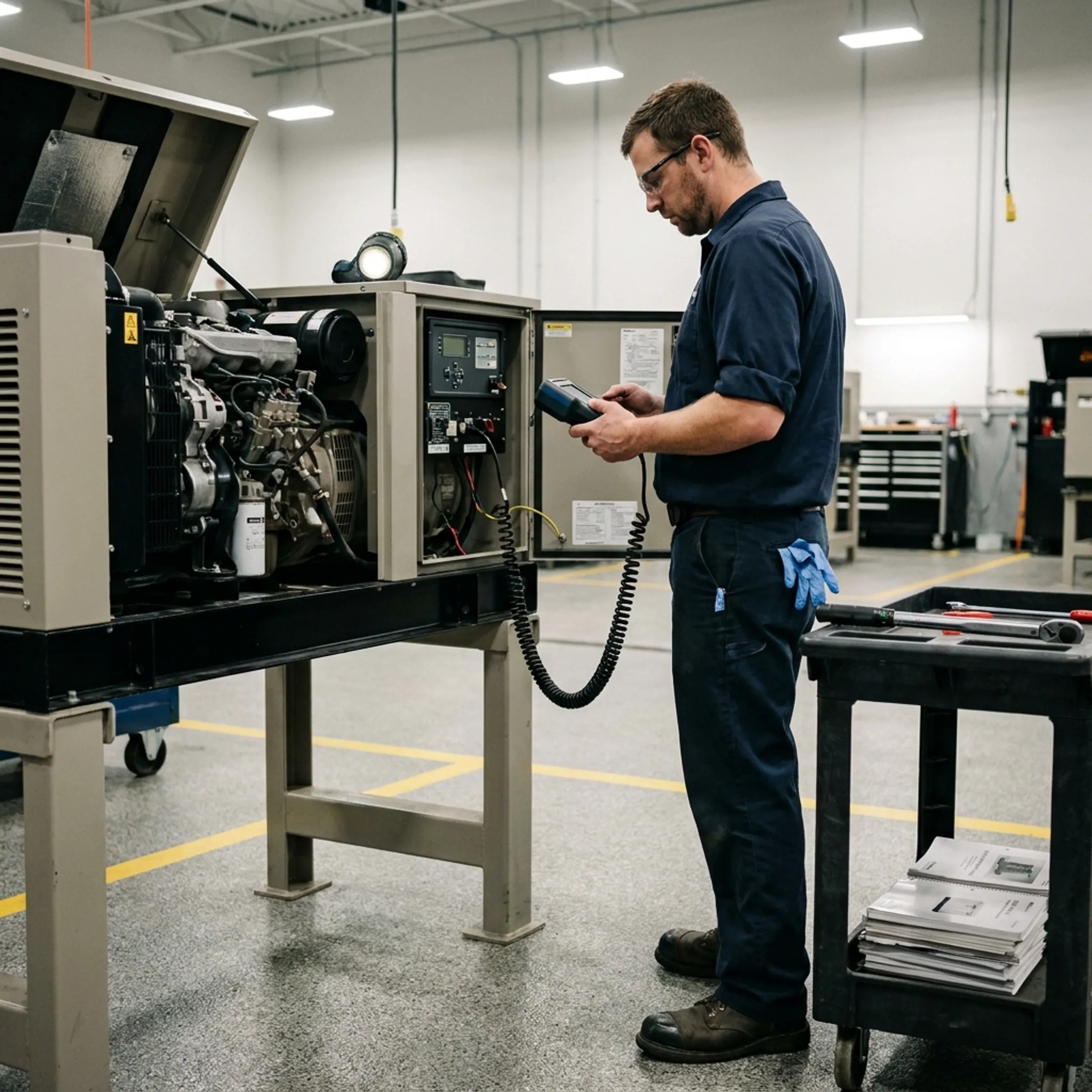 Technician performing generator maintenance with diagnostic equipment