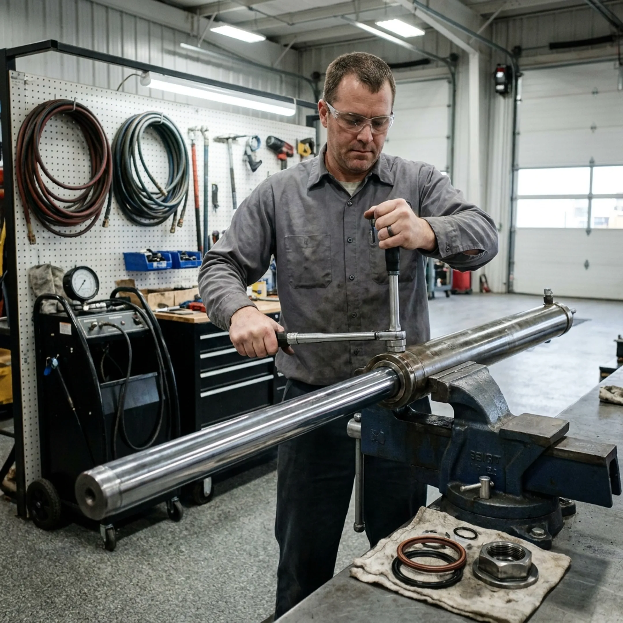 Technician repairing a hydraulic cylinder and hose assembly