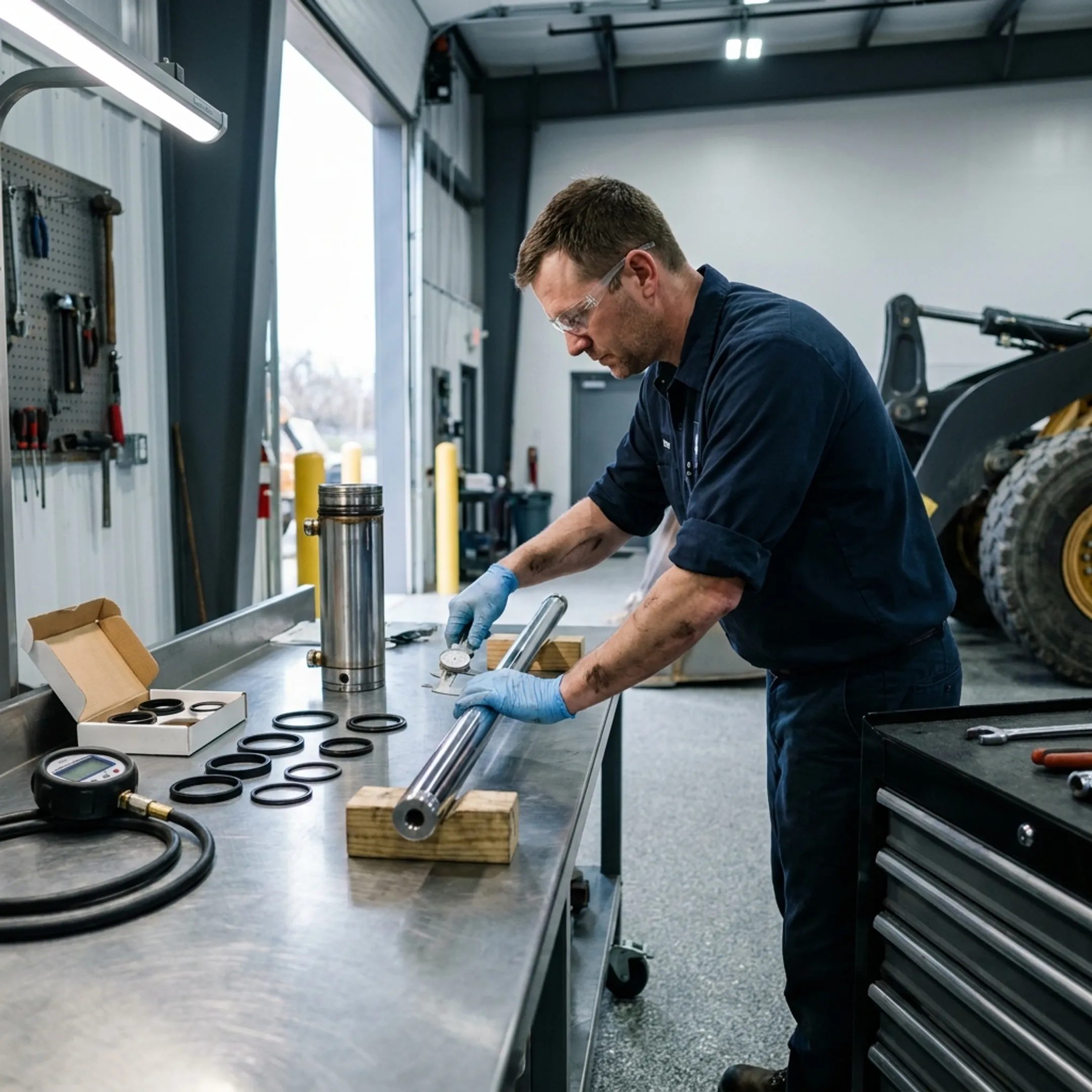 Technician rebuilding a hydraulic cylinder in an equipment repair shop