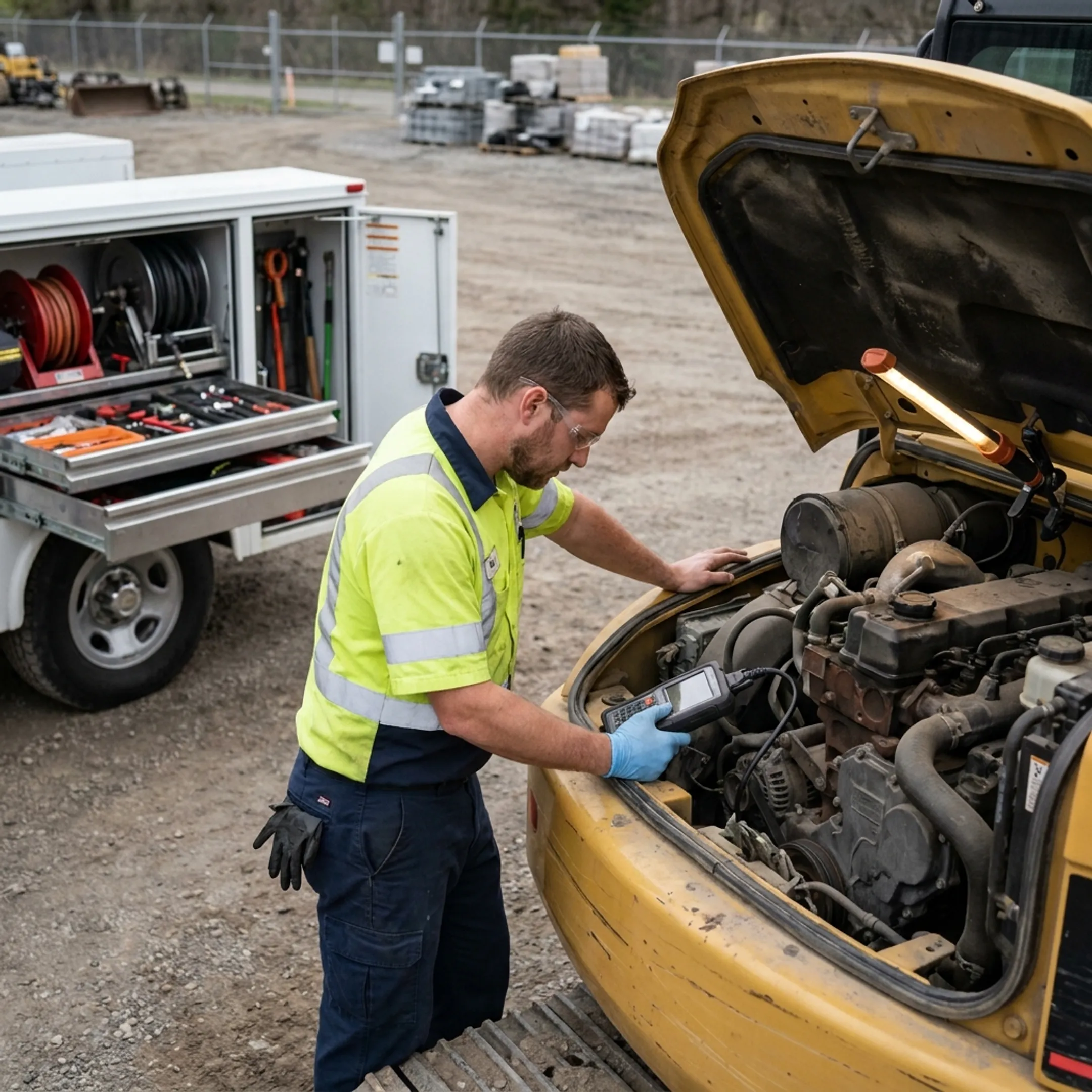 Mobile technician diagnosing heavy equipment engine at a jobsite