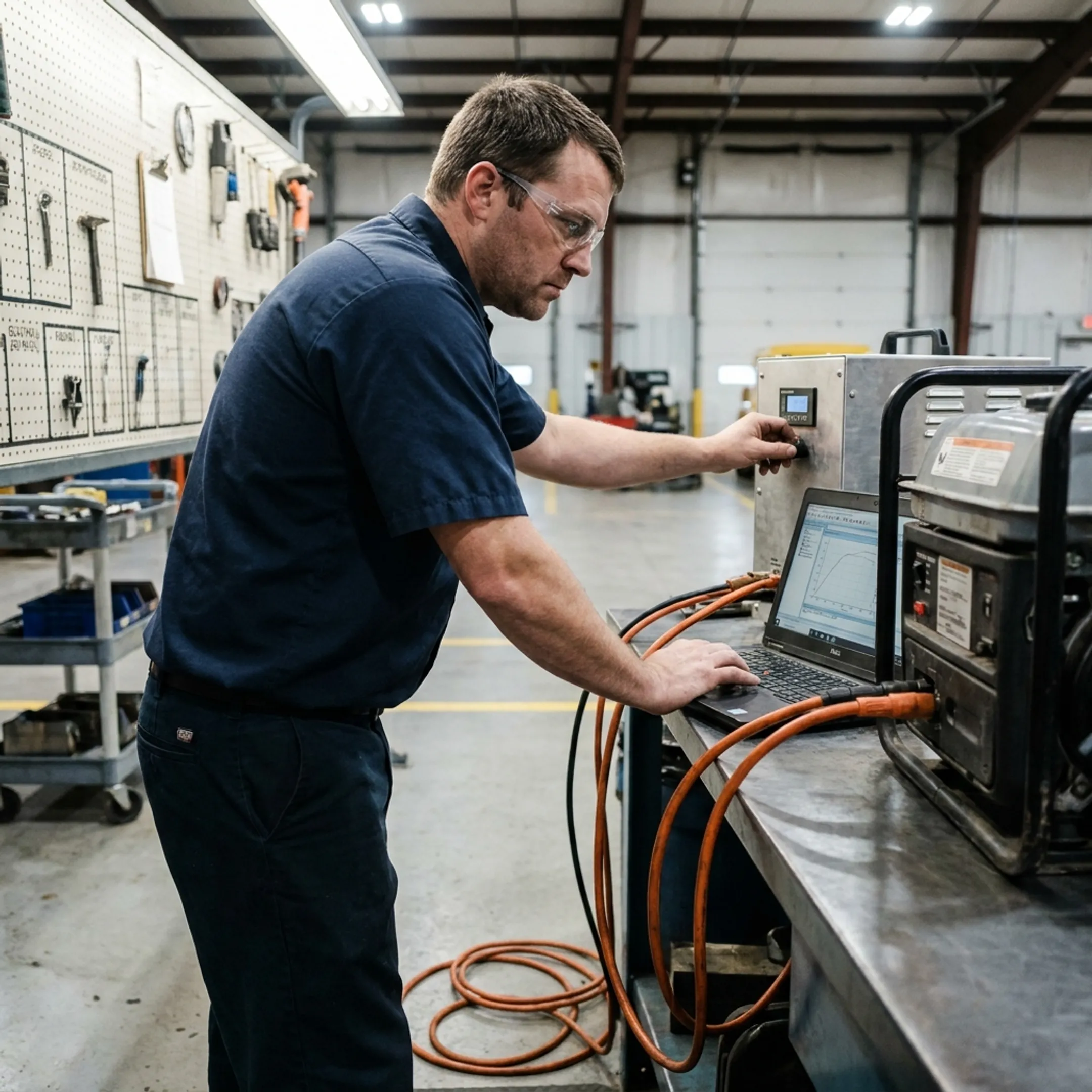 Technician testing a repaired construction tool