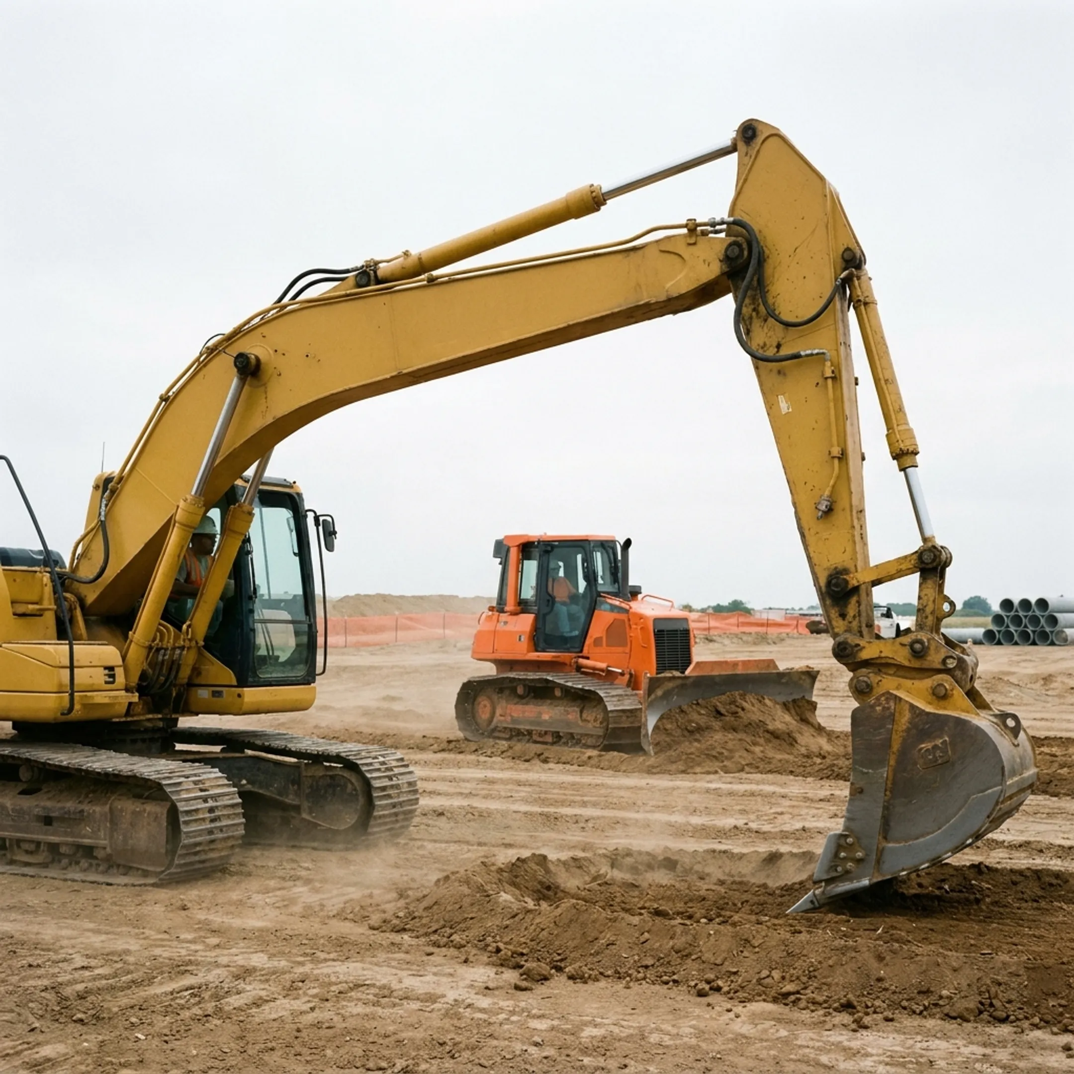 Excavation and site development equipment using hydraulic cylinders