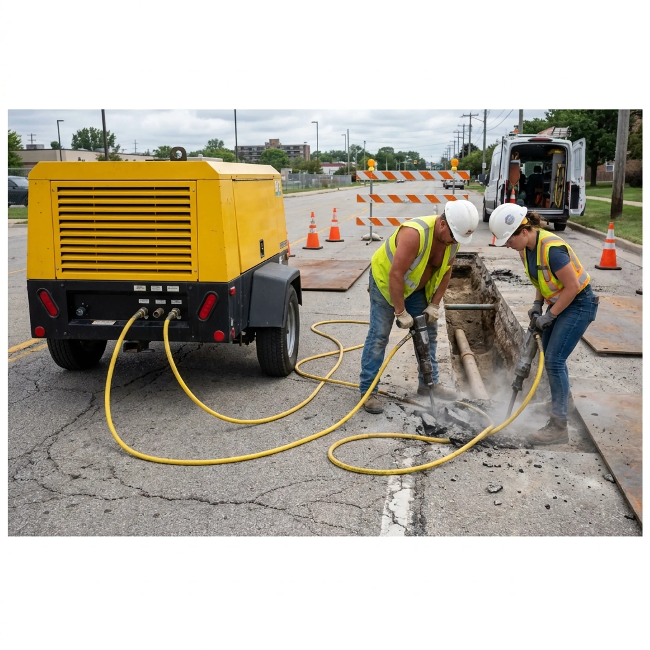 Utility crew using a towable compressor in the field