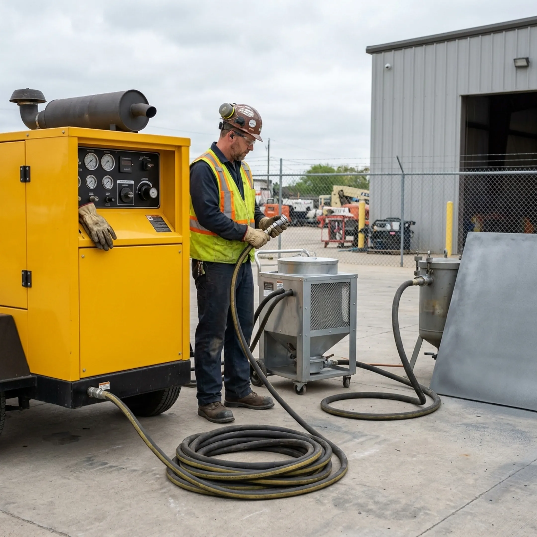 Abrasive blasting operation using a portable compressor