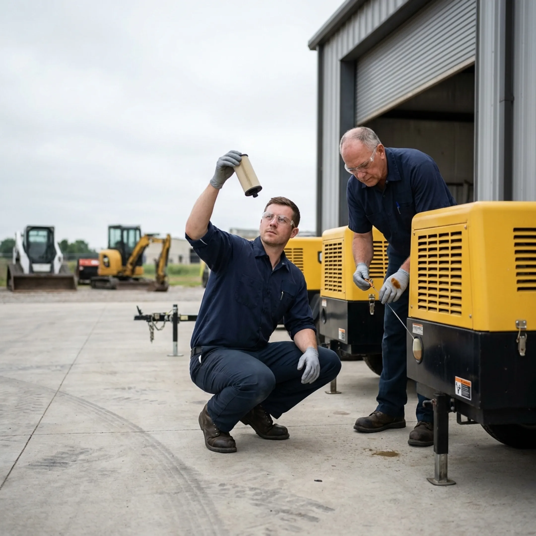 Fleet maintenance team servicing portable compressors