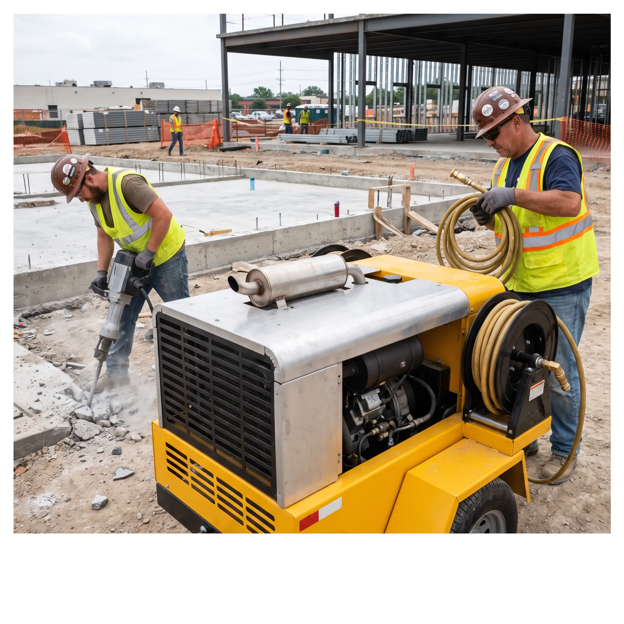 General contractors using a portable air compressor on a construction site
