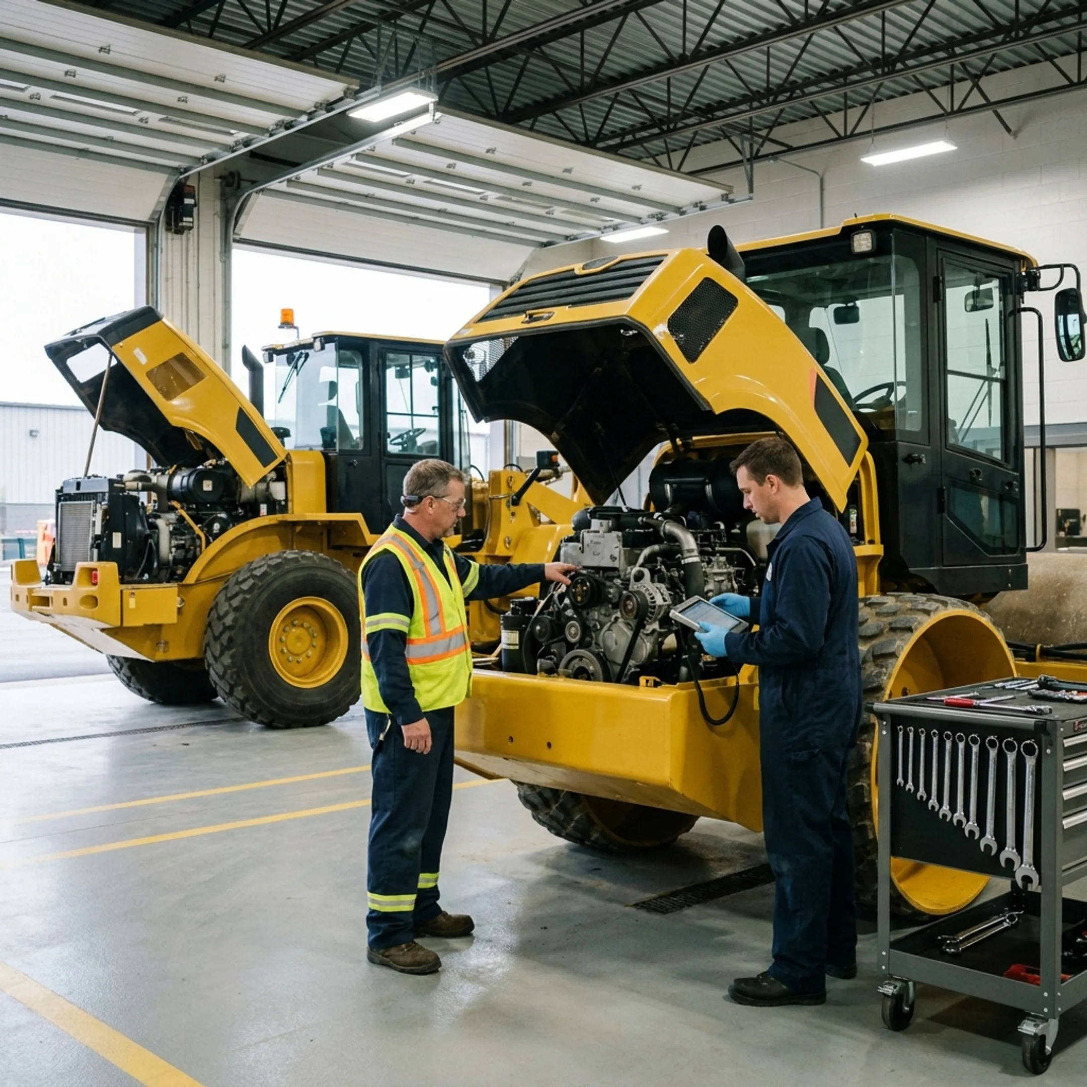Municipal public works equipment undergoing engine replacement