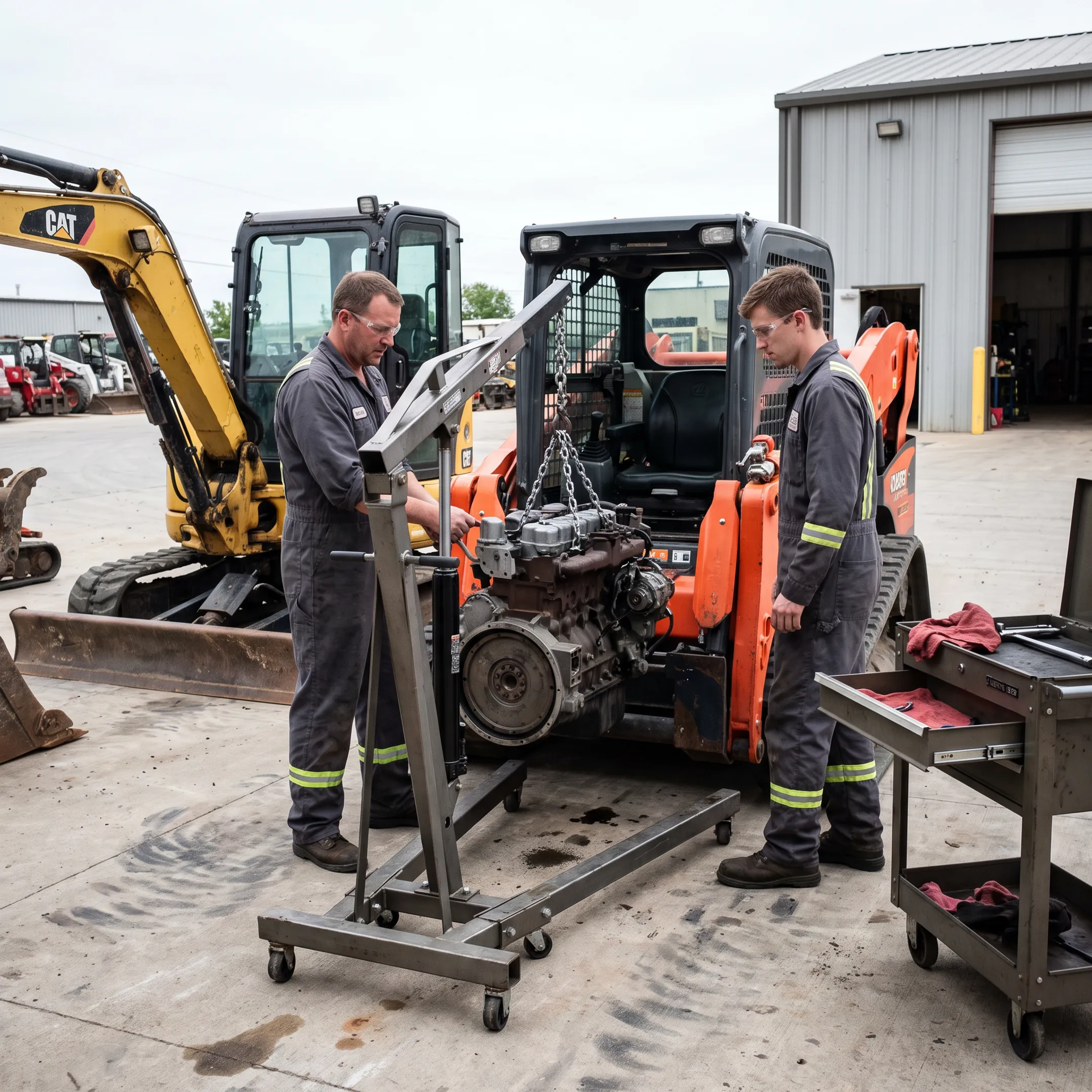 Rental fleet construction equipment receiving engine service