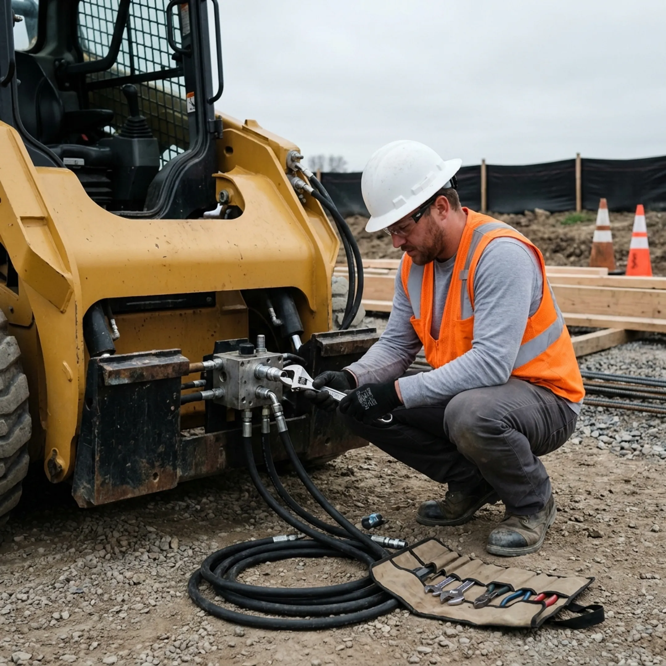 Skid steer contractor using hydraulic equipment