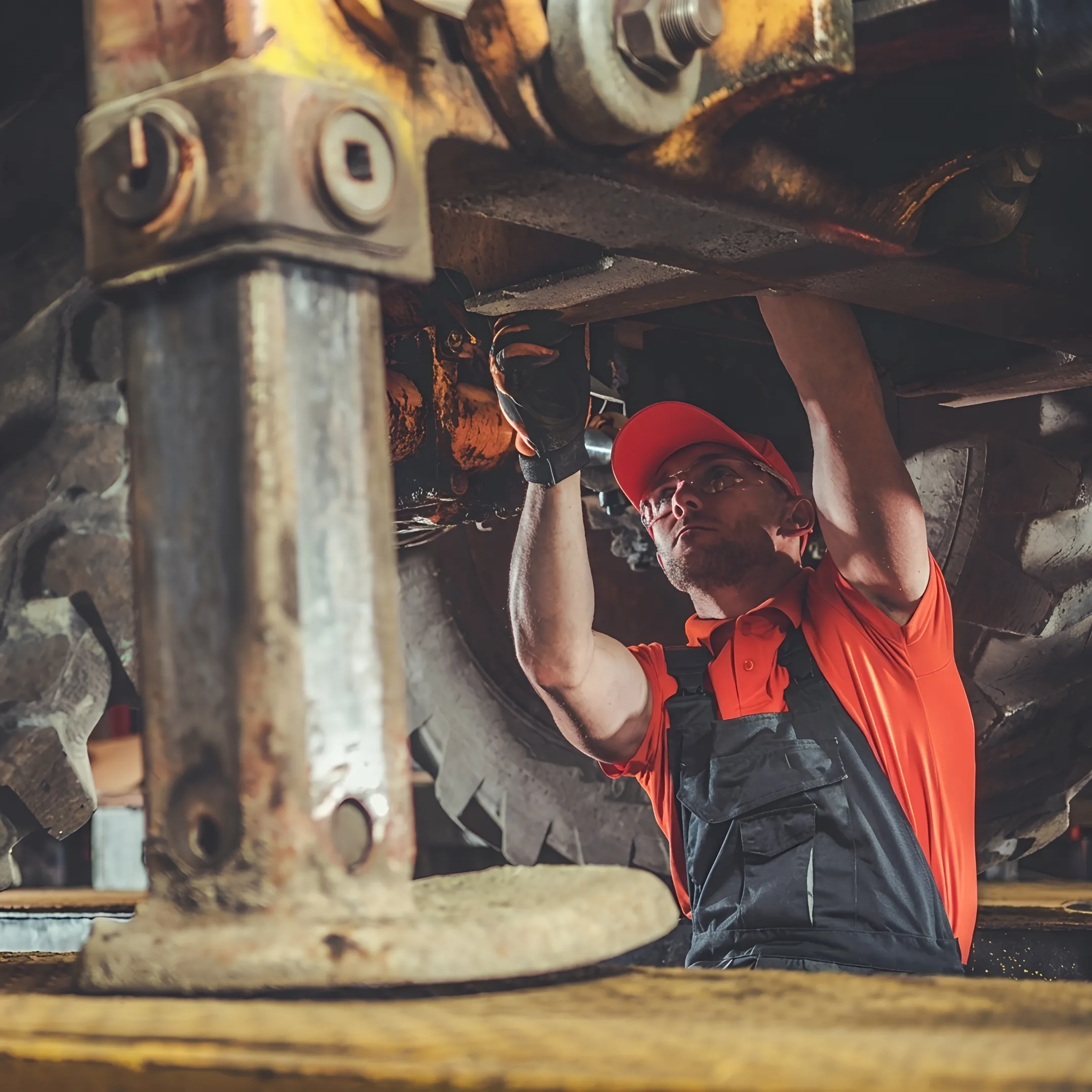 Technician diagnosing a heavy equipment diesel engine
