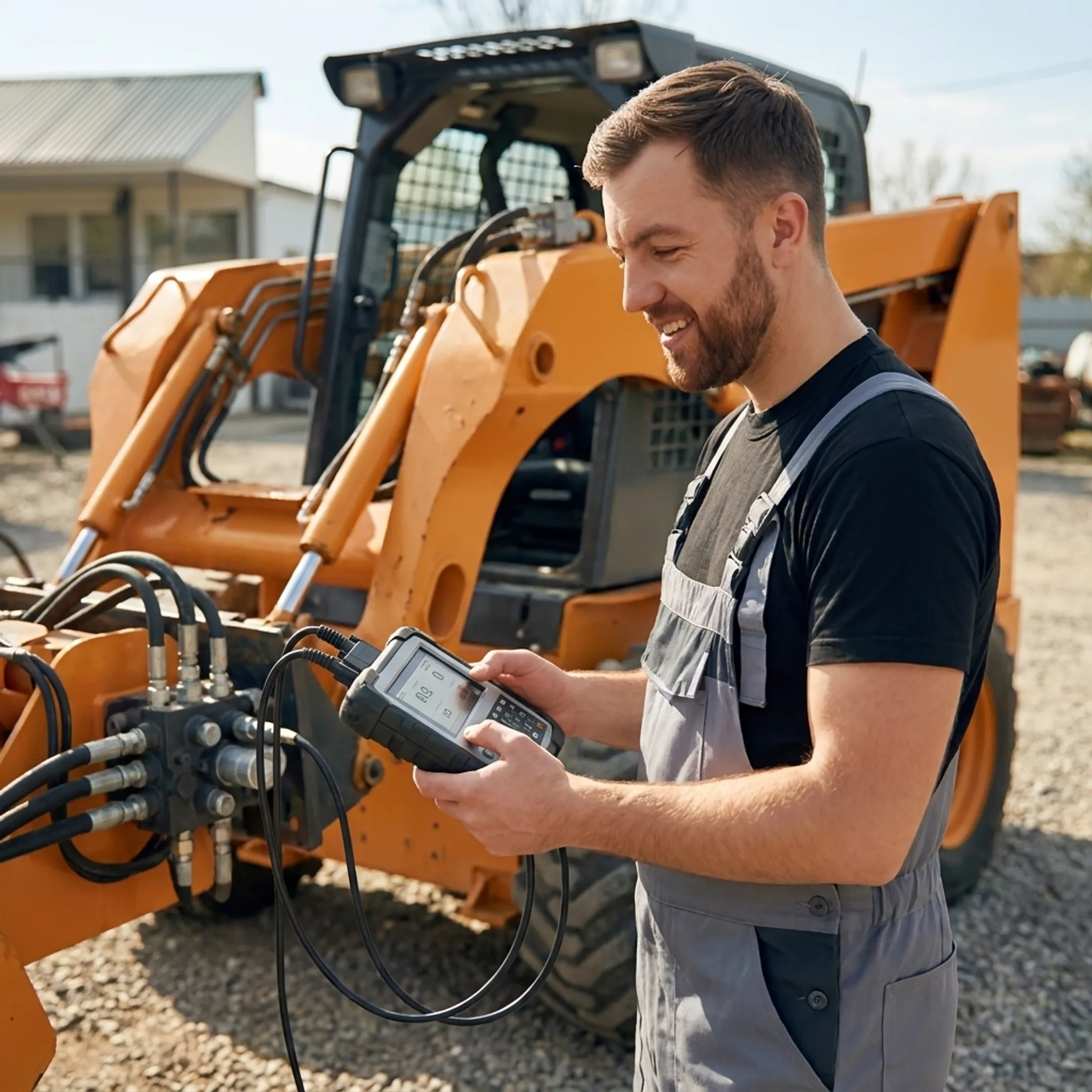 Technician diagnosing a skid steer hydraulic system