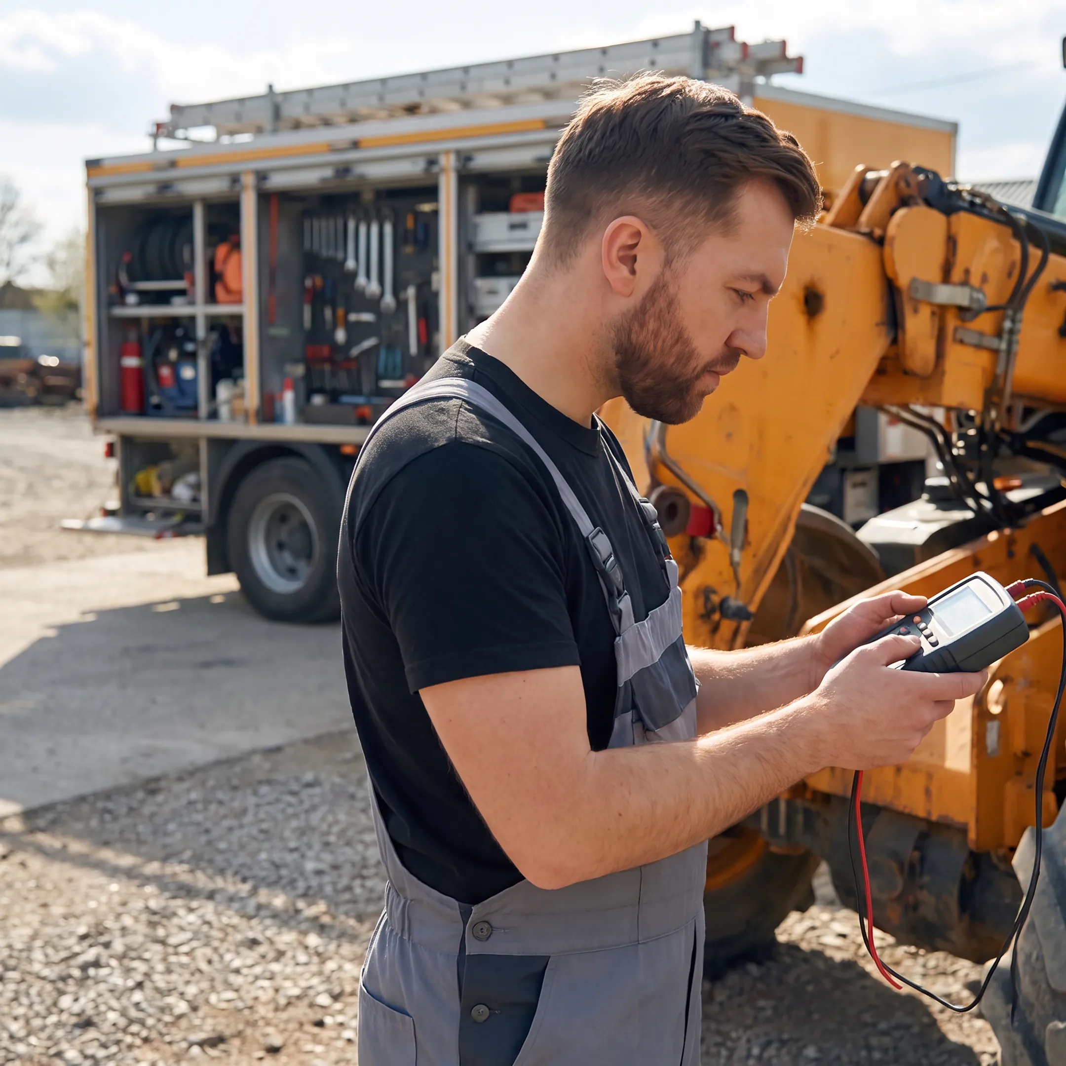 McCann technician diagnosing diesel equipment with a mobile service truck nearby