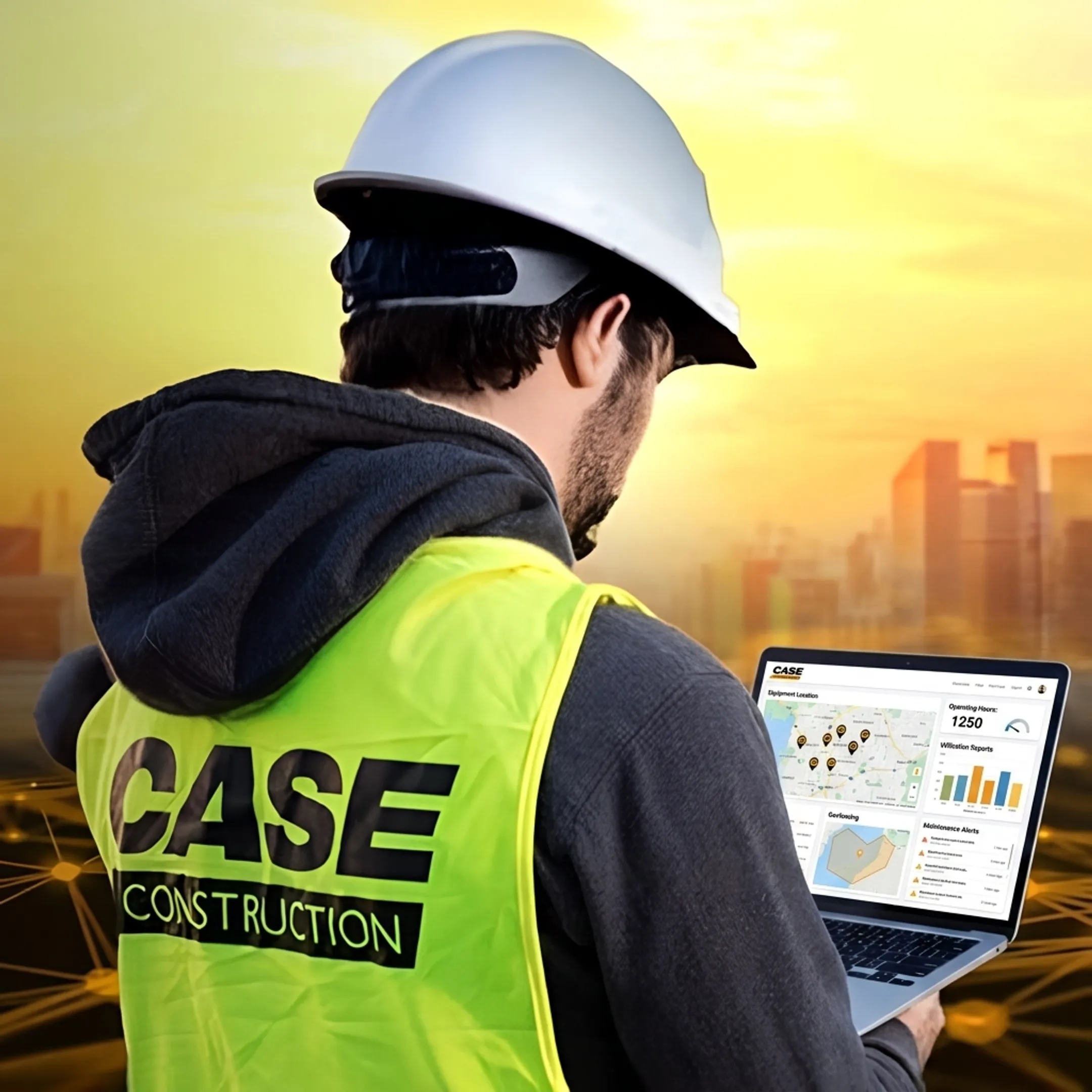 Manager reviewing heavy equipment telematics data on a laptop beside a construction fleet